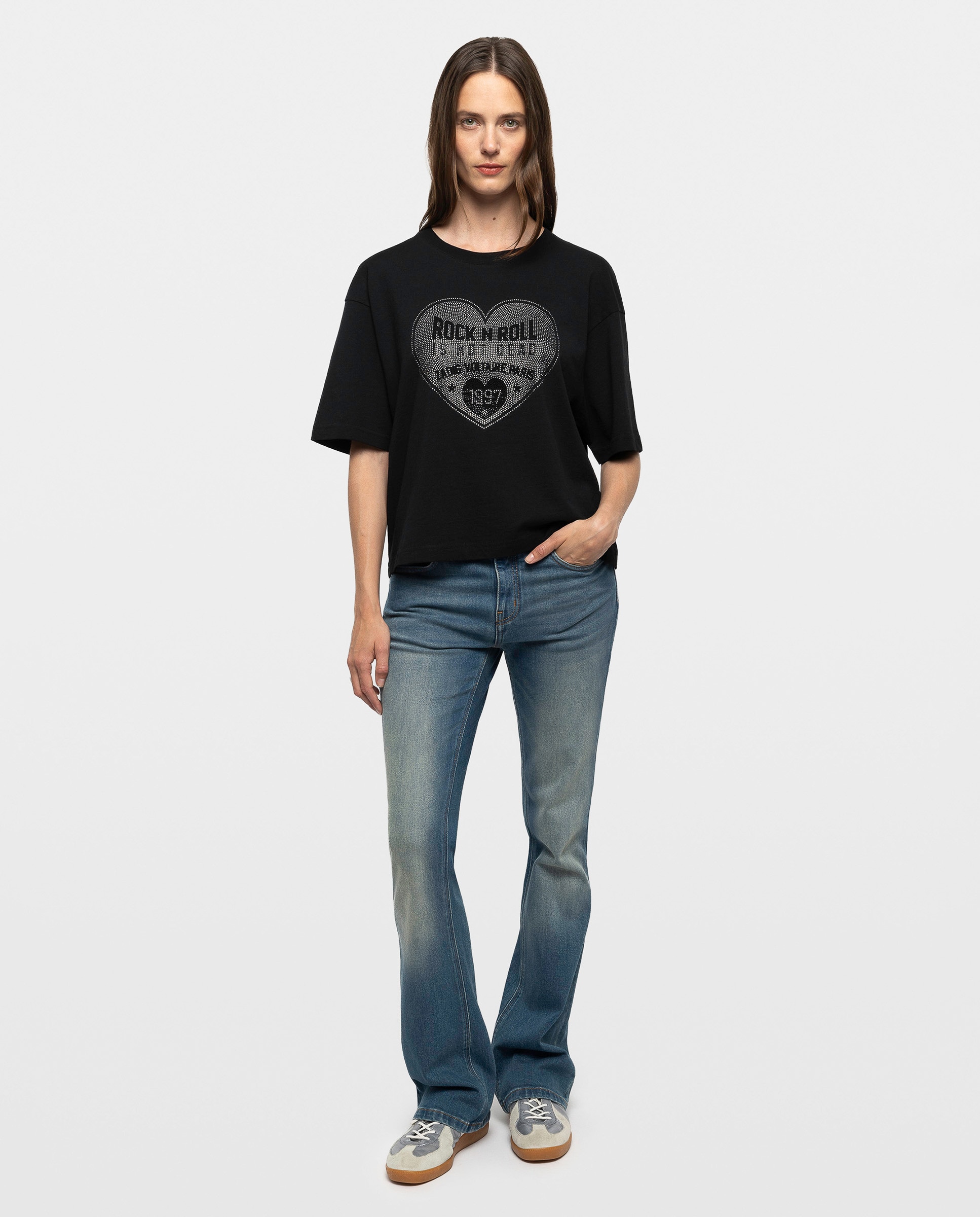 Camiseta de mujer de manga corta de algodón con corazón de strass - Zadig & Voltaire - Negro Negro-3