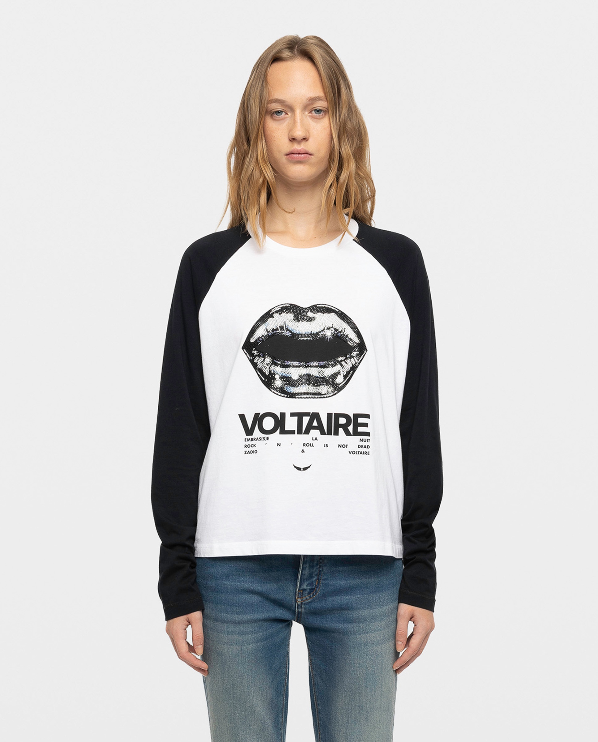 Camiseta de mujer de manga larga raglán bicolor con estampado y strass de algodón - Zadig & Voltaire - Blanco Blanco-1