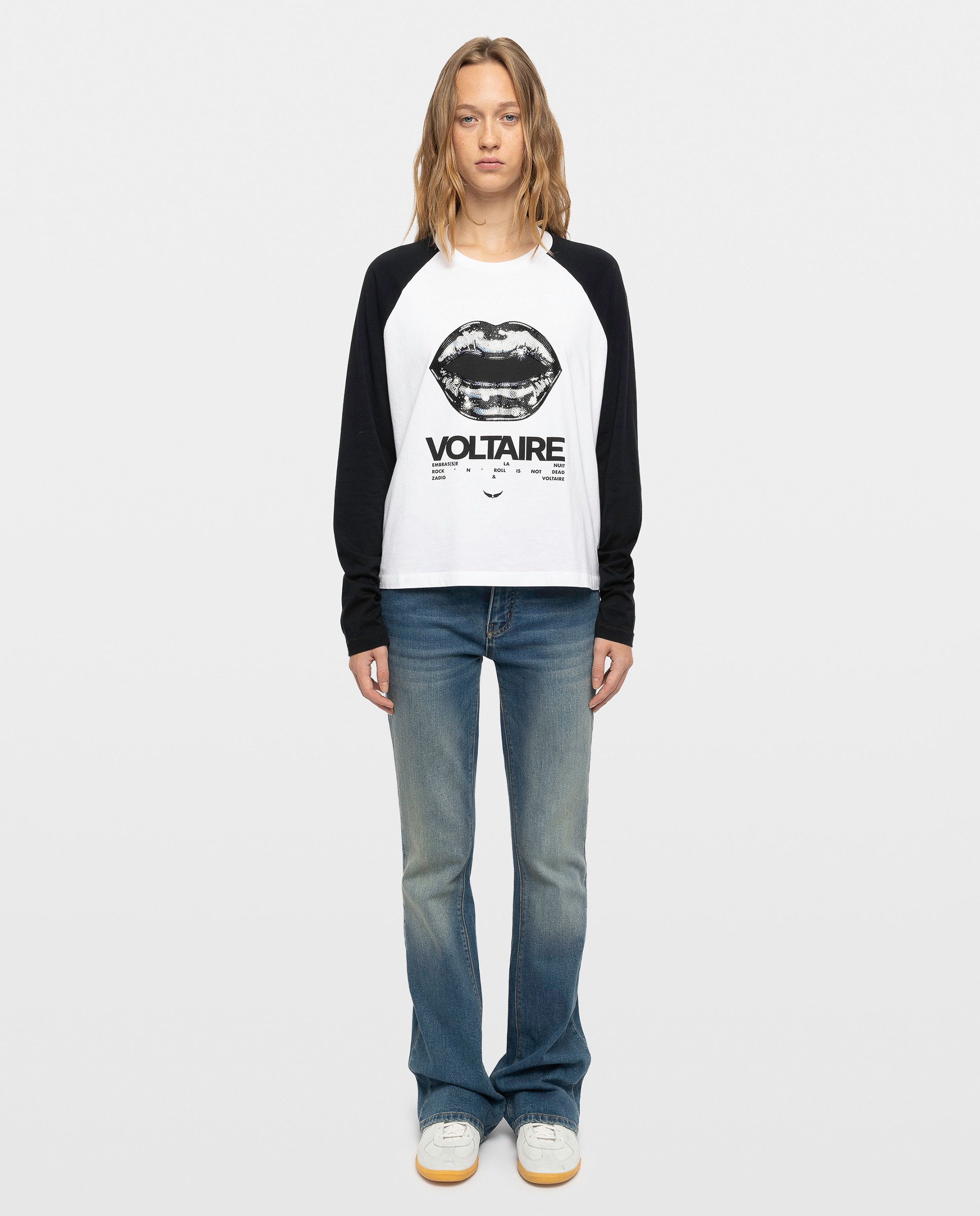 Camiseta de mujer de manga larga raglán bicolor con estampado y strass de algodón - Zadig & Voltaire - Blanco Blanco-3