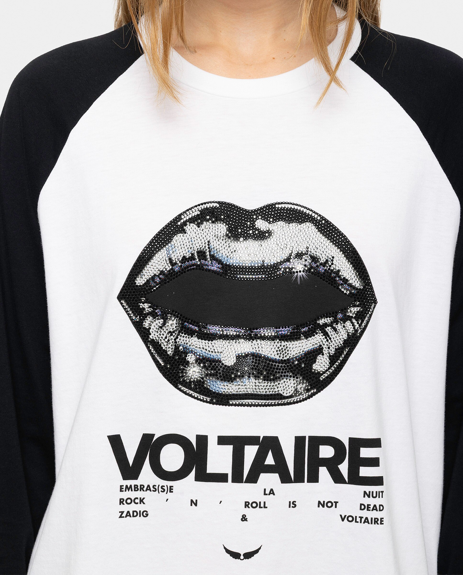 Camiseta de mujer de manga larga raglán bicolor con estampado y strass de algodón - Zadig & Voltaire - Blanco Blanco-4