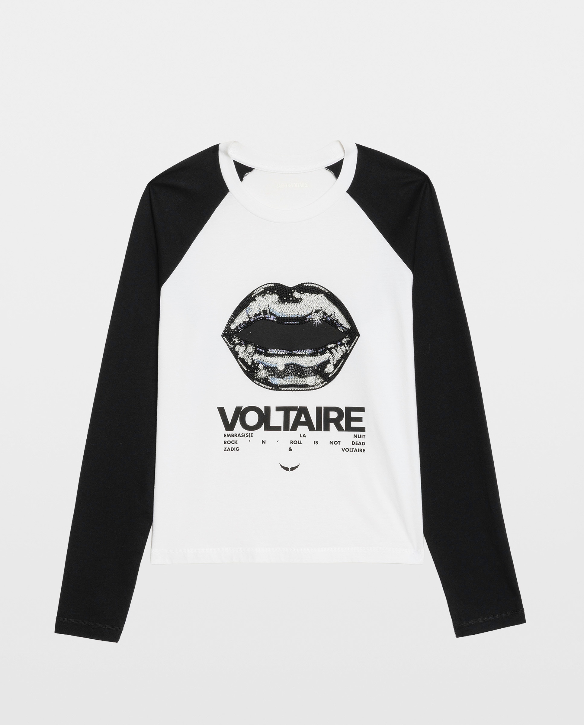 Camiseta de mujer de manga larga raglán bicolor con estampado y strass de algodón - Zadig & Voltaire - Blanco Blanco-5