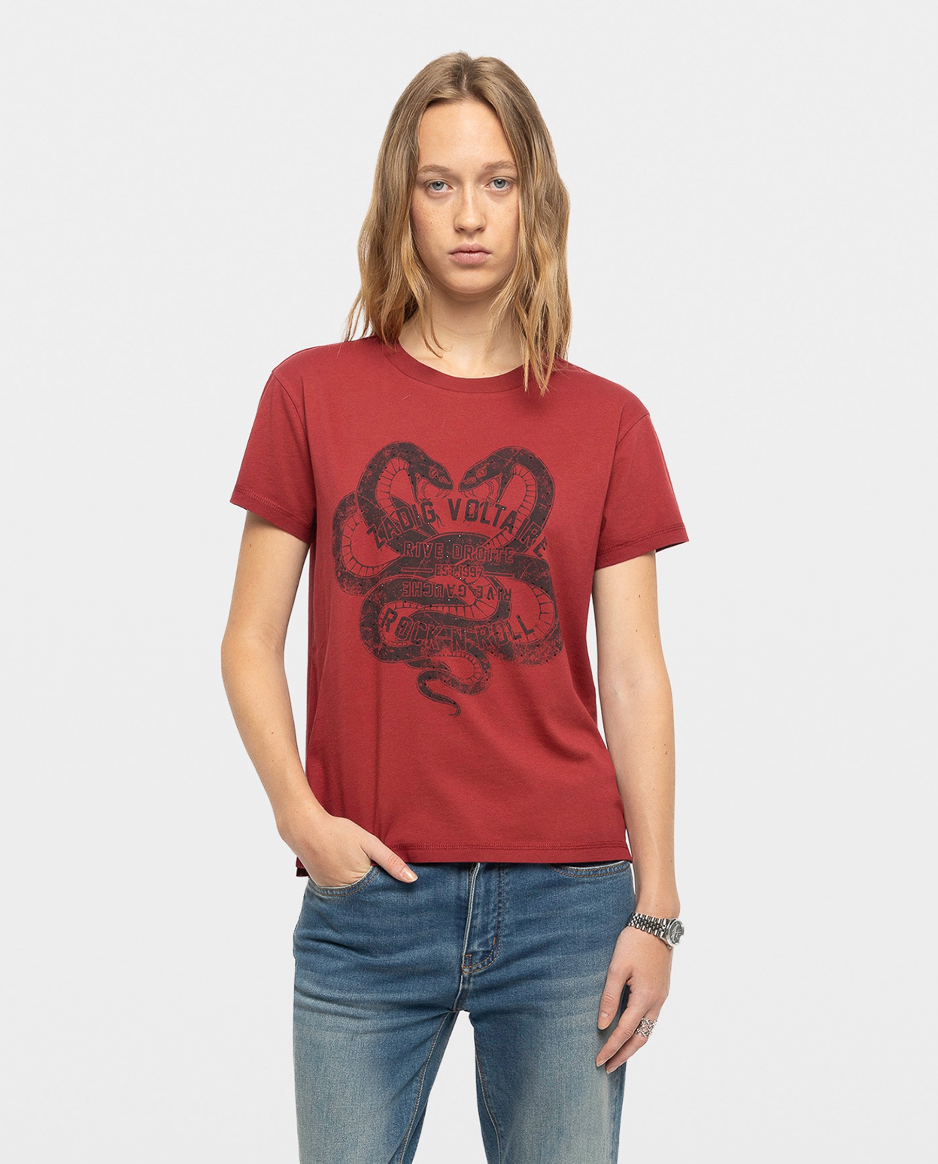 Camiseta de mujer 100% algodón con manga corta y estampado de serpientes - Zadig & Voltaire - Rojo Rojo-1
