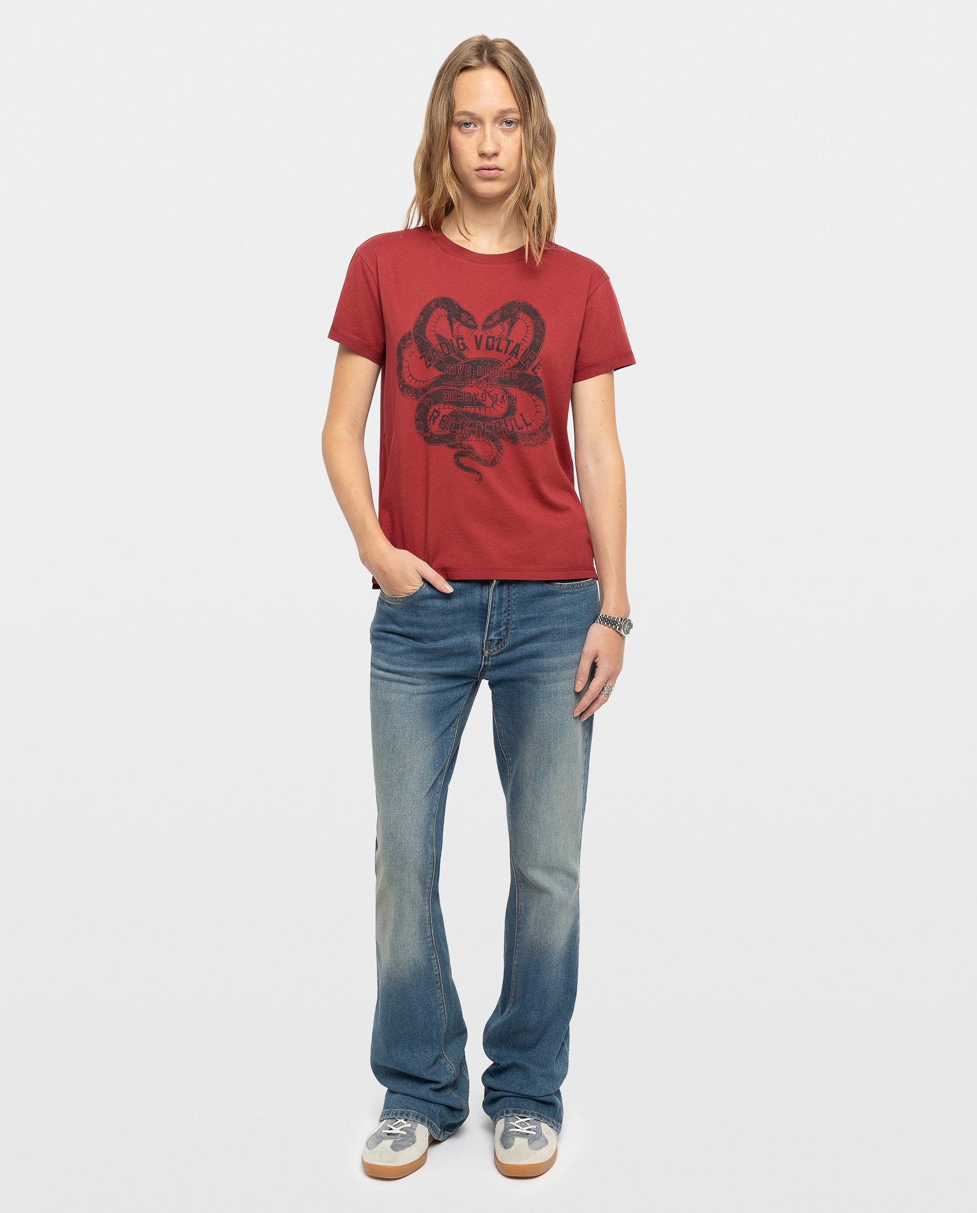 Camiseta de mujer 100% algodón con manga corta y estampado de serpientes - Zadig & Voltaire - Rojo Rojo-3