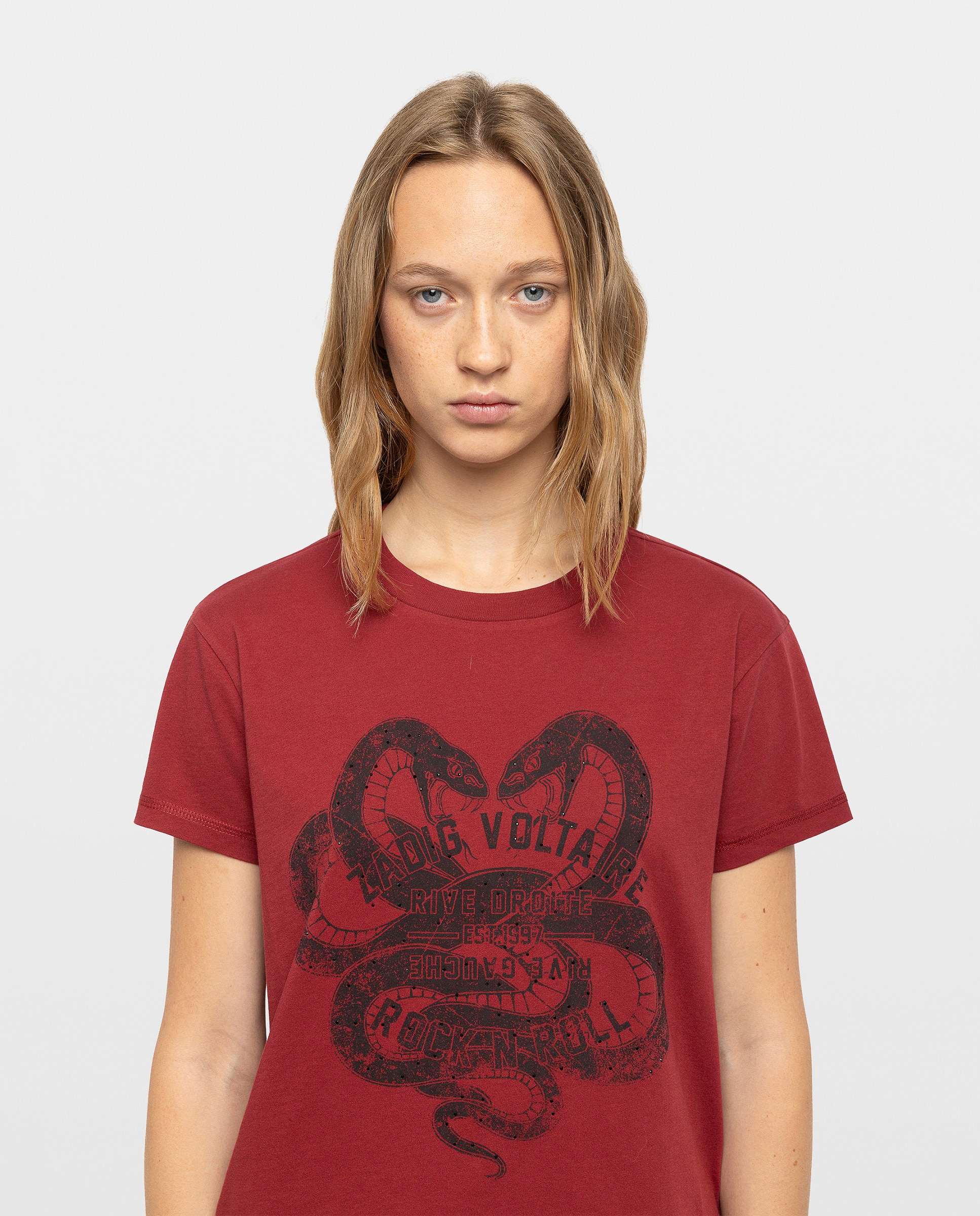 Camiseta de mujer 100% algodón con manga corta y estampado de serpientes - Zadig & Voltaire - Rojo Rojo-4