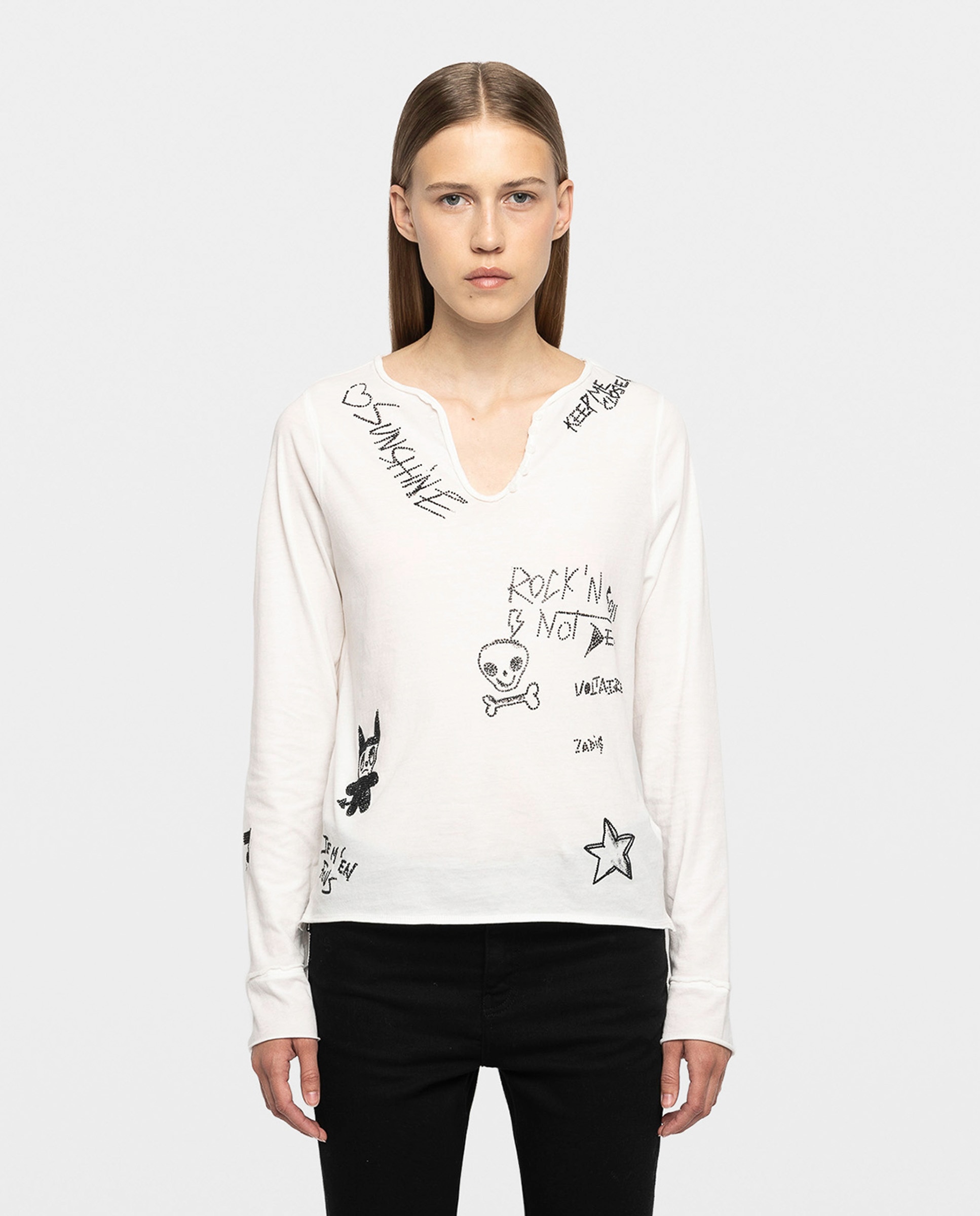 Zadig & Voltaire - Camiseta de mujer tunecina de manga larga de algodón con estampado y strass.