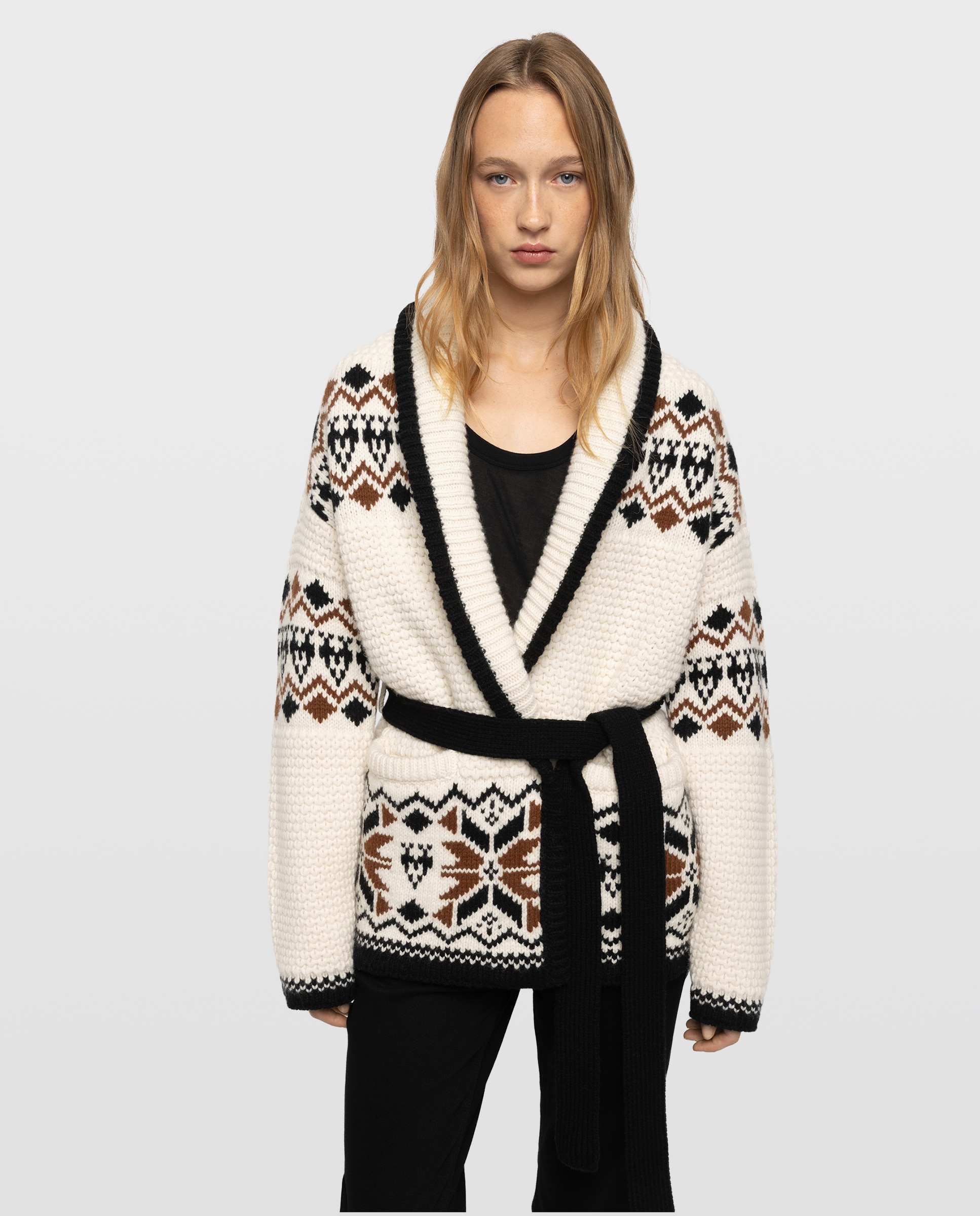 Cárdigan de punto de mujer con cuello chal y cinturón - Zadig & Voltaire - Beige Beige-1