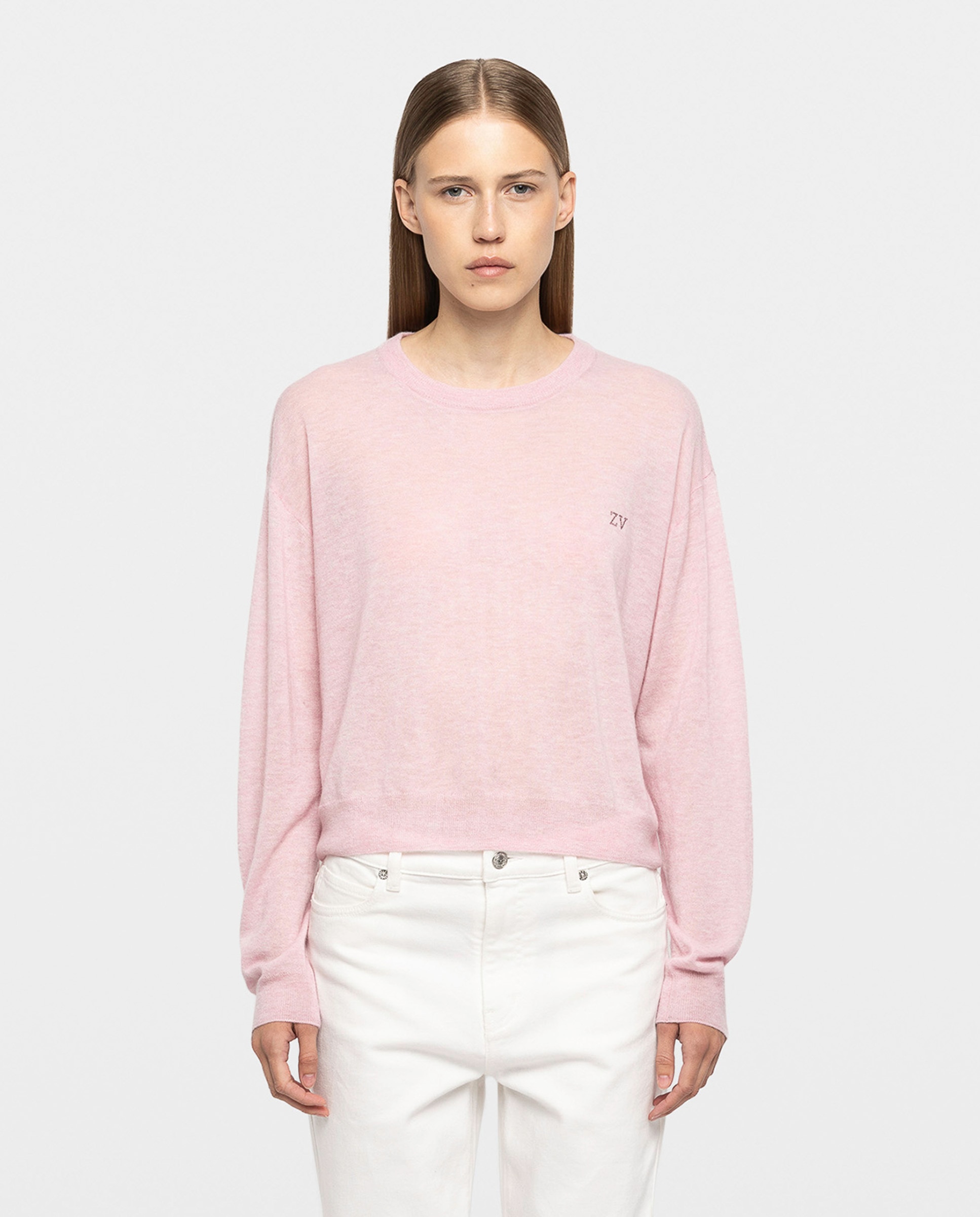 Jersey de mujer 100% cachemira con cuello redondo y mangas largas - Zadig & Voltaire - Rosa pastel Rosa pastel-1