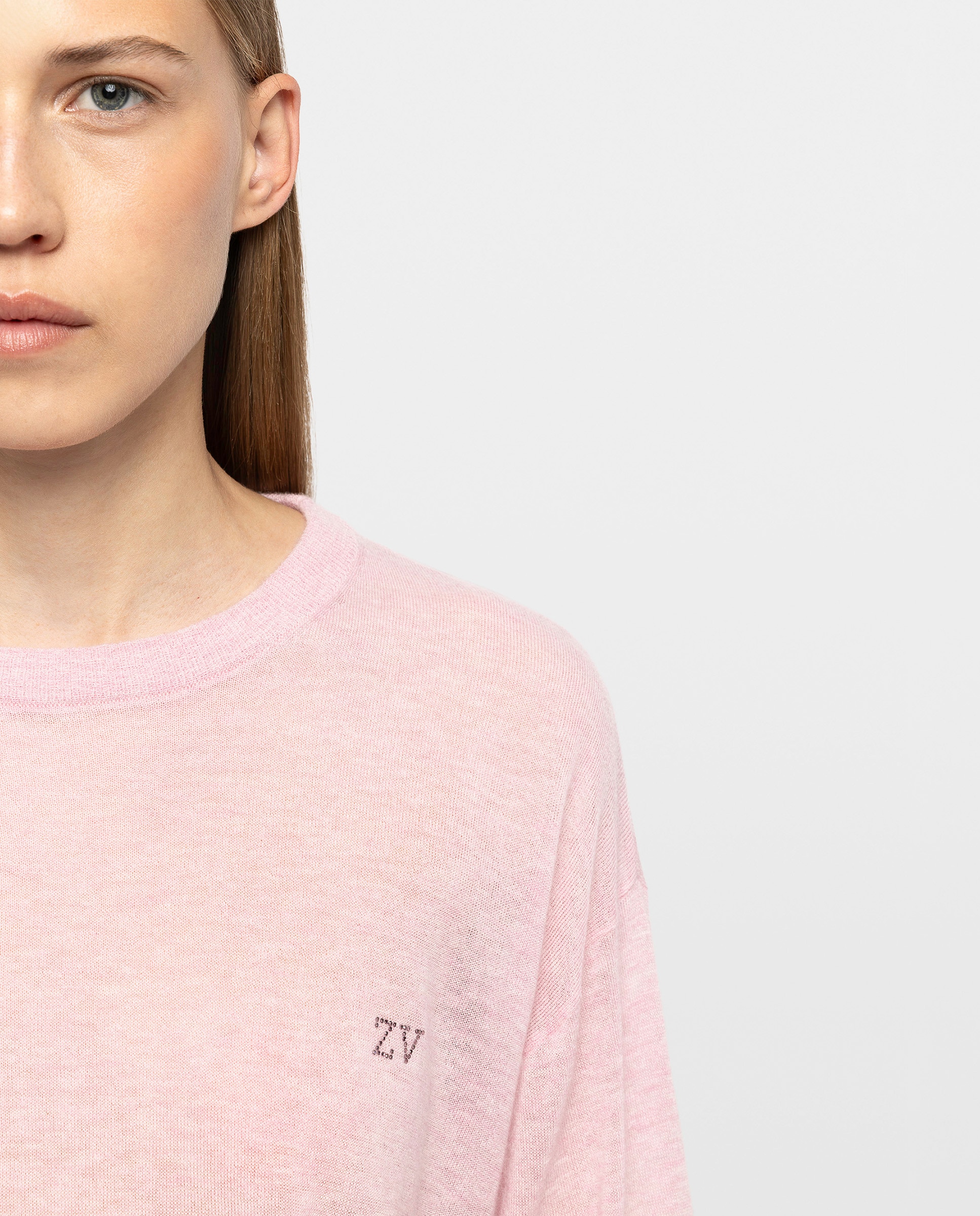 Jersey de mujer 100% cachemira con cuello redondo y mangas largas - Zadig & Voltaire - Rosa pastel Rosa pastel-4