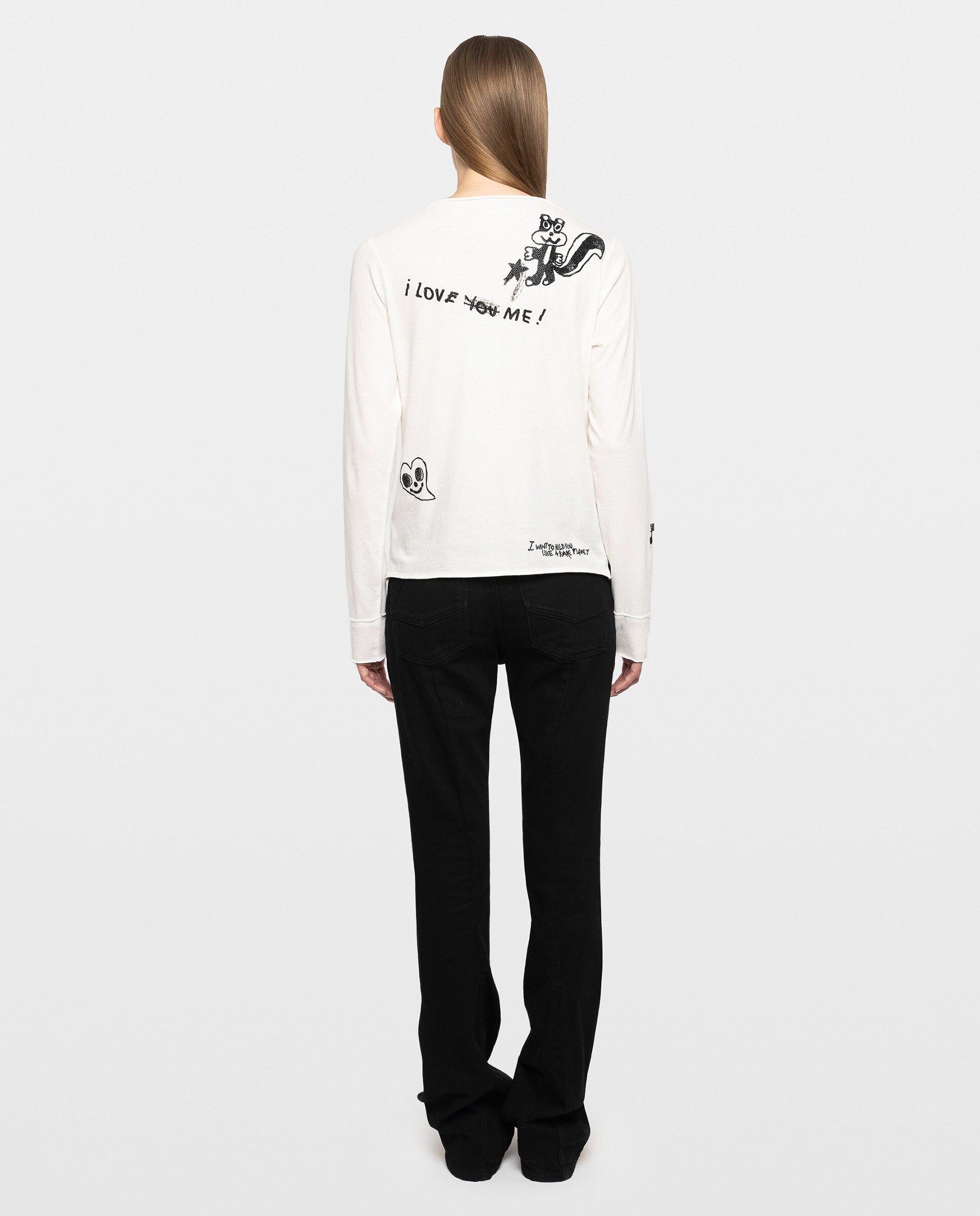 Camiseta de mujer tunecina de manga larga de algodón con estampado y strass - Zadig & Voltaire - Blanco Blanco-2