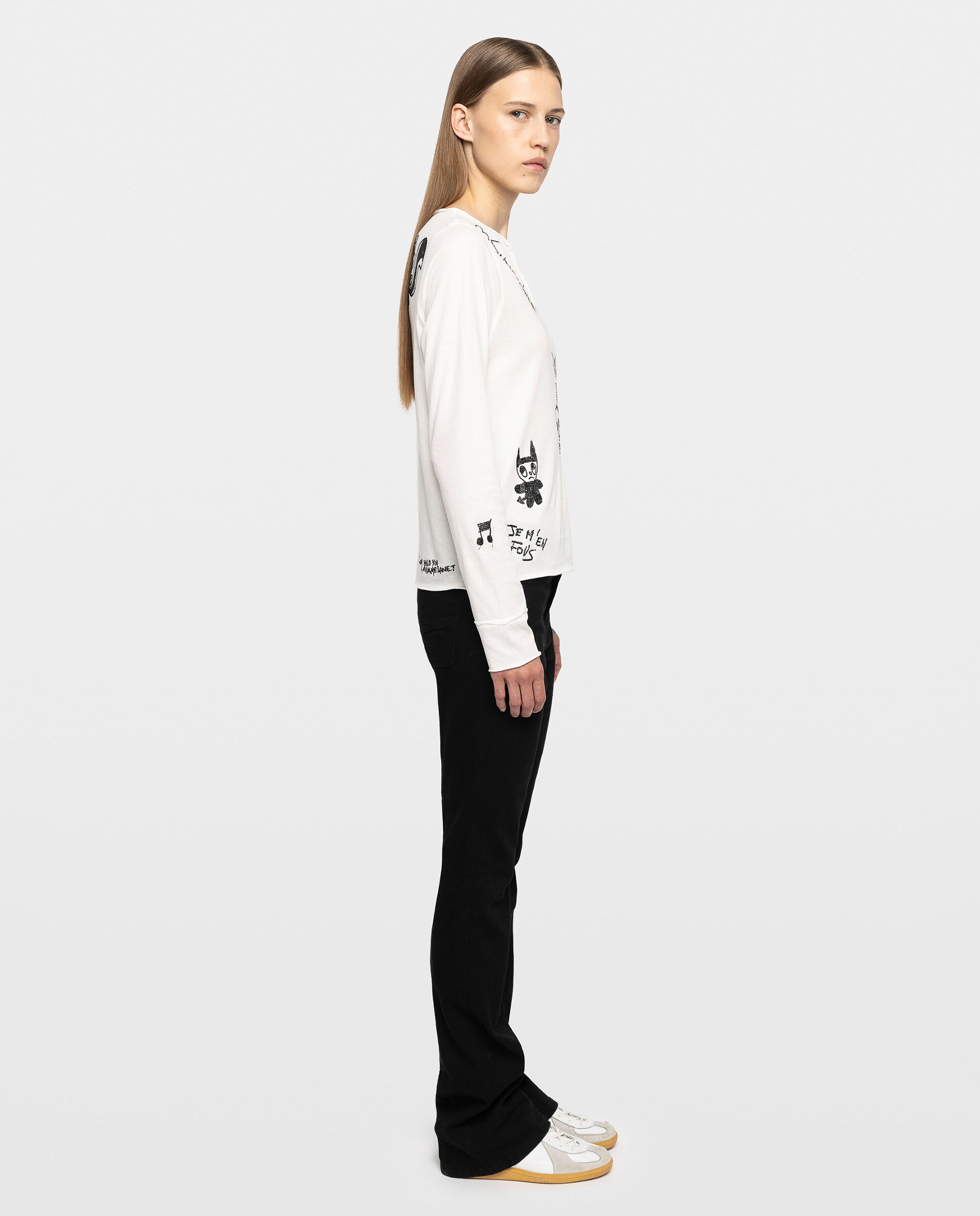 Camiseta de mujer tunecina de manga larga de algodón con estampado y strass - Zadig & Voltaire - Blanco Blanco-3