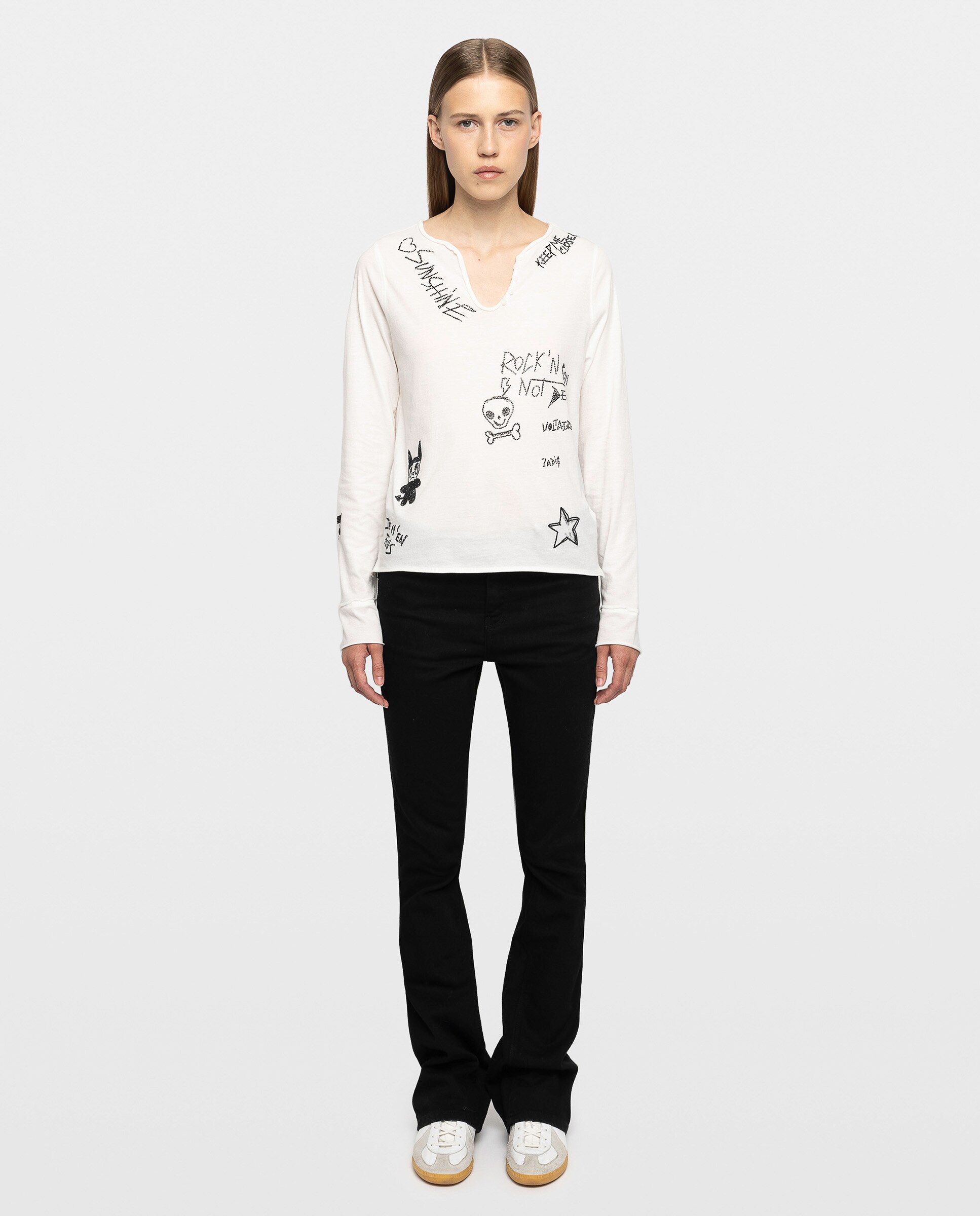Camiseta de mujer tunecina de manga larga de algodón con estampado y strass - Zadig & Voltaire - Blanco Blanco-4
