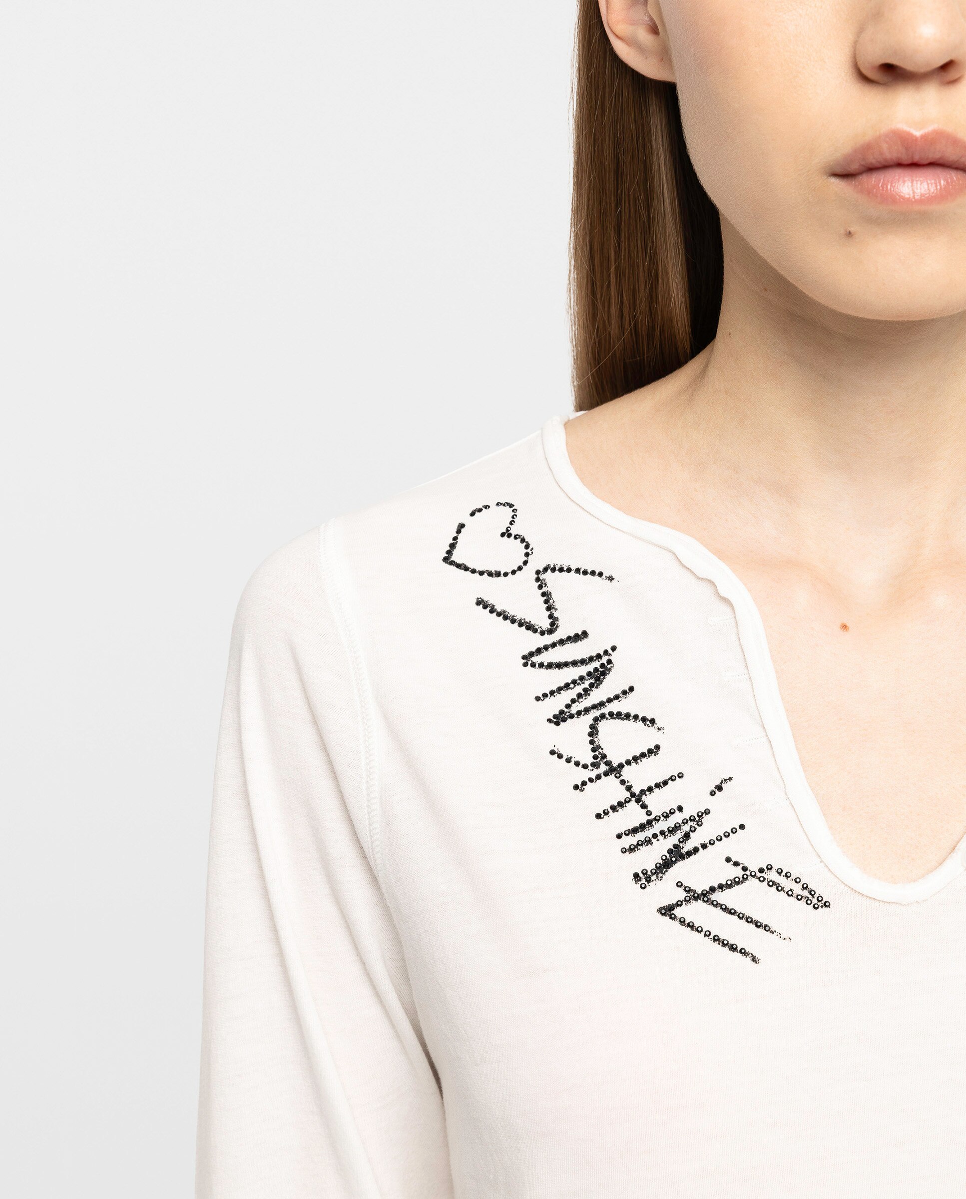 Camiseta de mujer tunecina de manga larga de algodón con estampado y strass - Zadig & Voltaire - Blanco Blanco-5