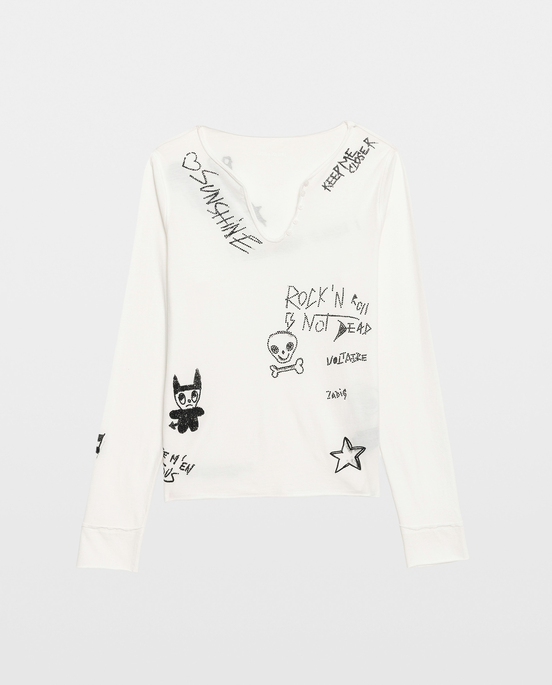 Camiseta de mujer tunecina de manga larga de algodón con estampado y strass - Zadig & Voltaire - Blanco Blanco-7