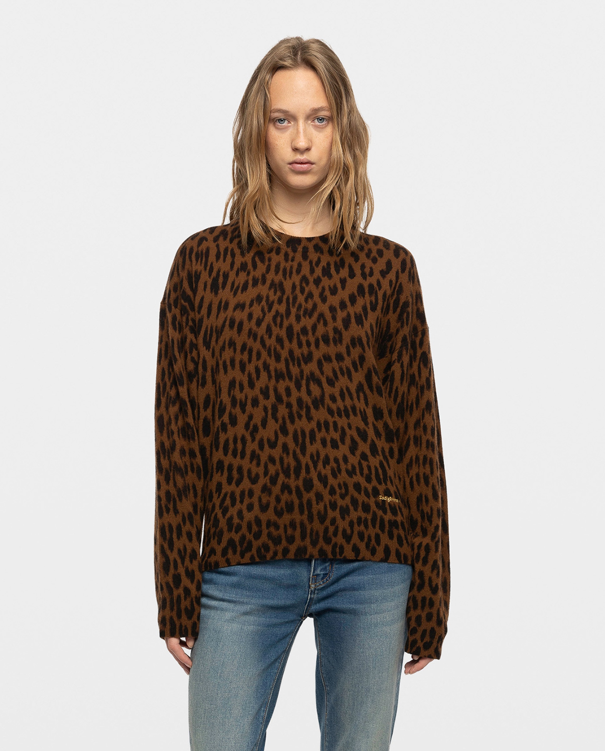 Jersey de mujer de cuello redondo con mangas largas y estampado de leopardo - Zadig & Voltaire - Marrón oscuro Marrón oscuro-1