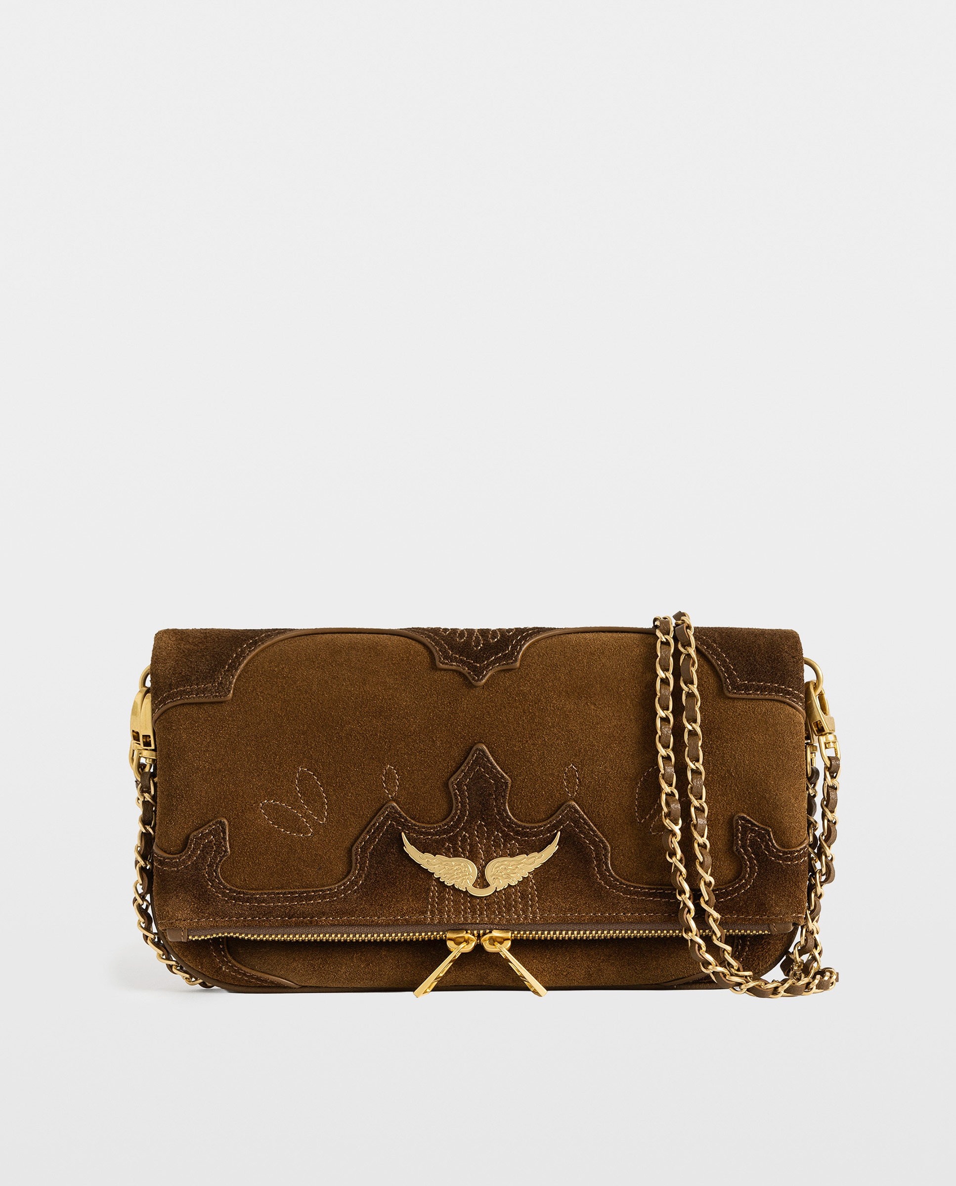 Bolso de mano rock western de ante desgastado con alas strass y doble cadena - Zadig & Voltaire - Marrón claro Marrón claro-1