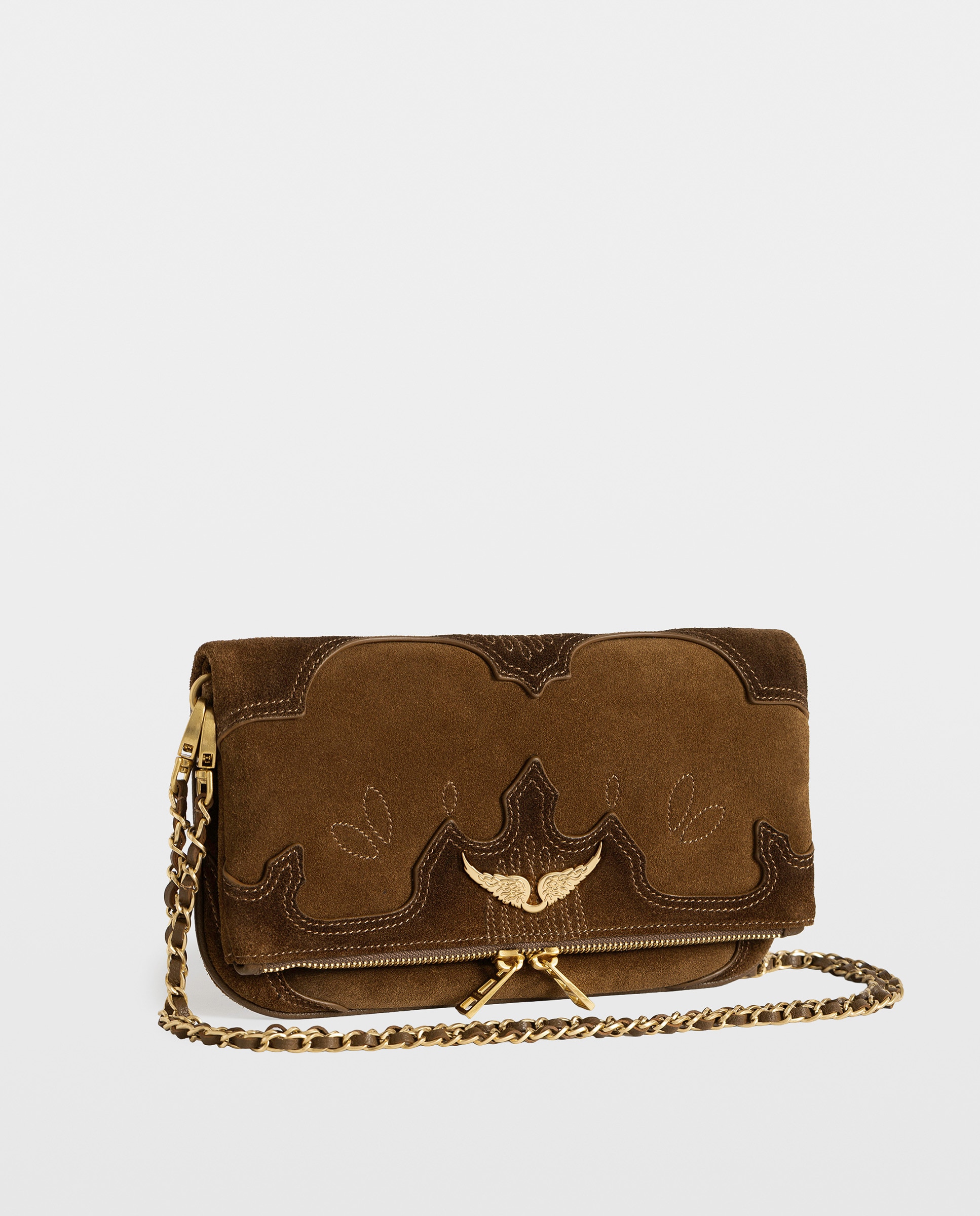 Bolso de mano rock western de ante desgastado con alas strass y doble cadena - Zadig & Voltaire - Marrón claro Marrón claro-3