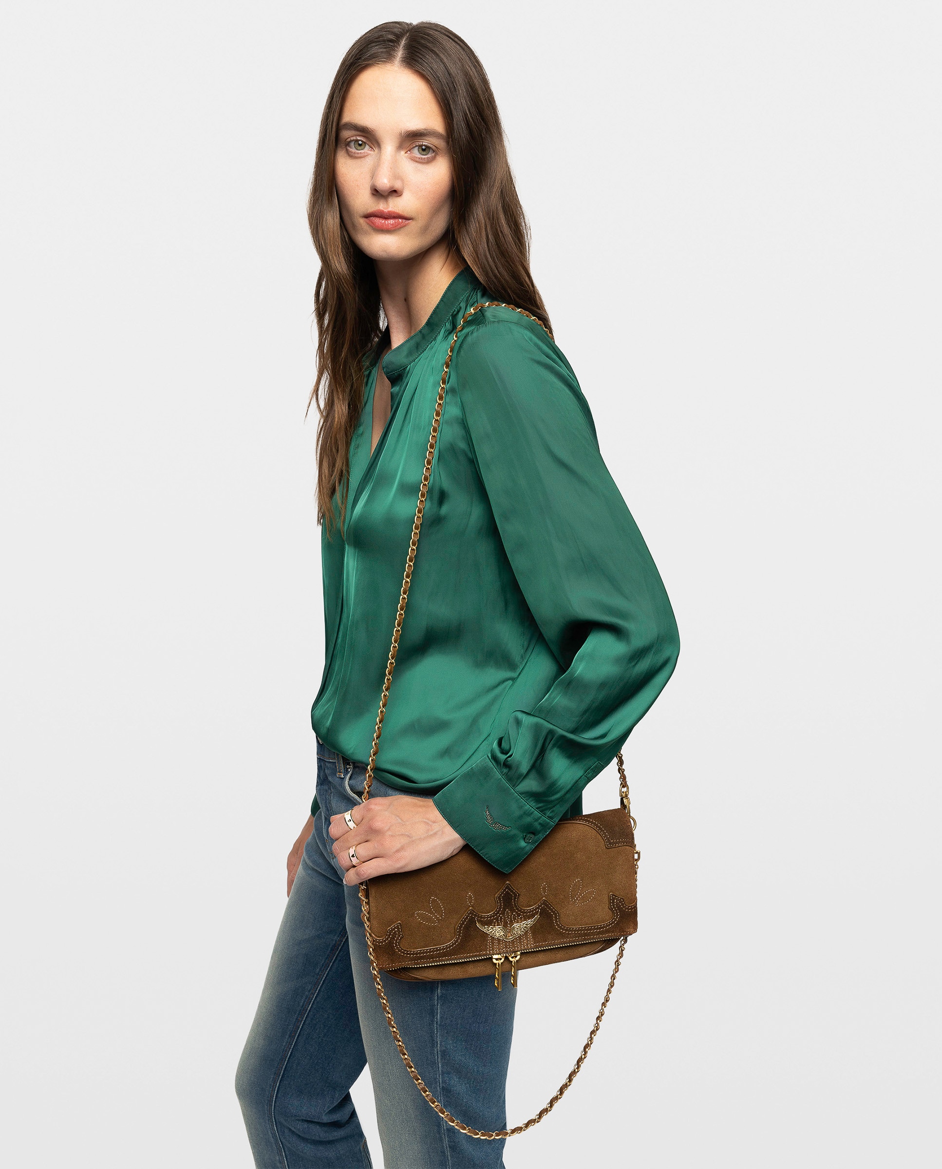 Bolso de mano rock western de ante desgastado con alas strass y doble cadena - Zadig & Voltaire - Marrón claro Marrón claro-2