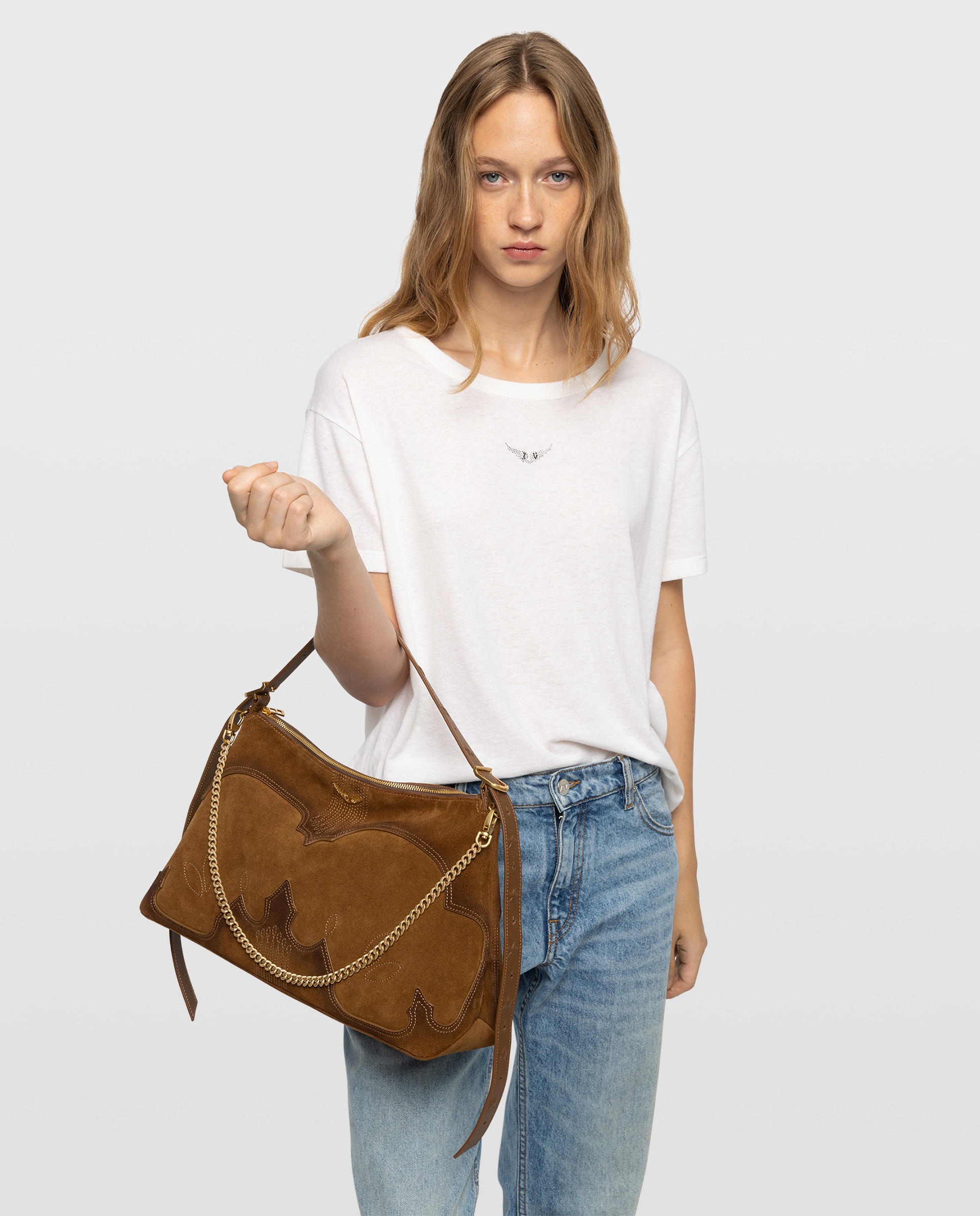 Bolso de hombro western de ante con efecto envejecido y cadena - Zadig & Voltaire - Marrón claro Marrón claro-2