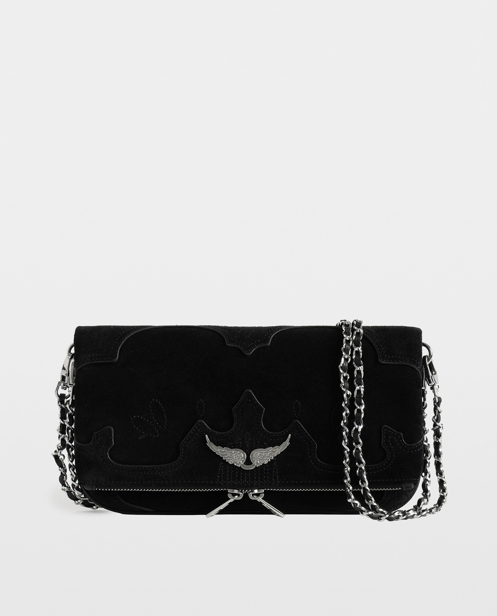 Bolso de mano rock western de ante desgastado con alas strass y doble cadena - Zadig & Voltaire - Negro Negro-1