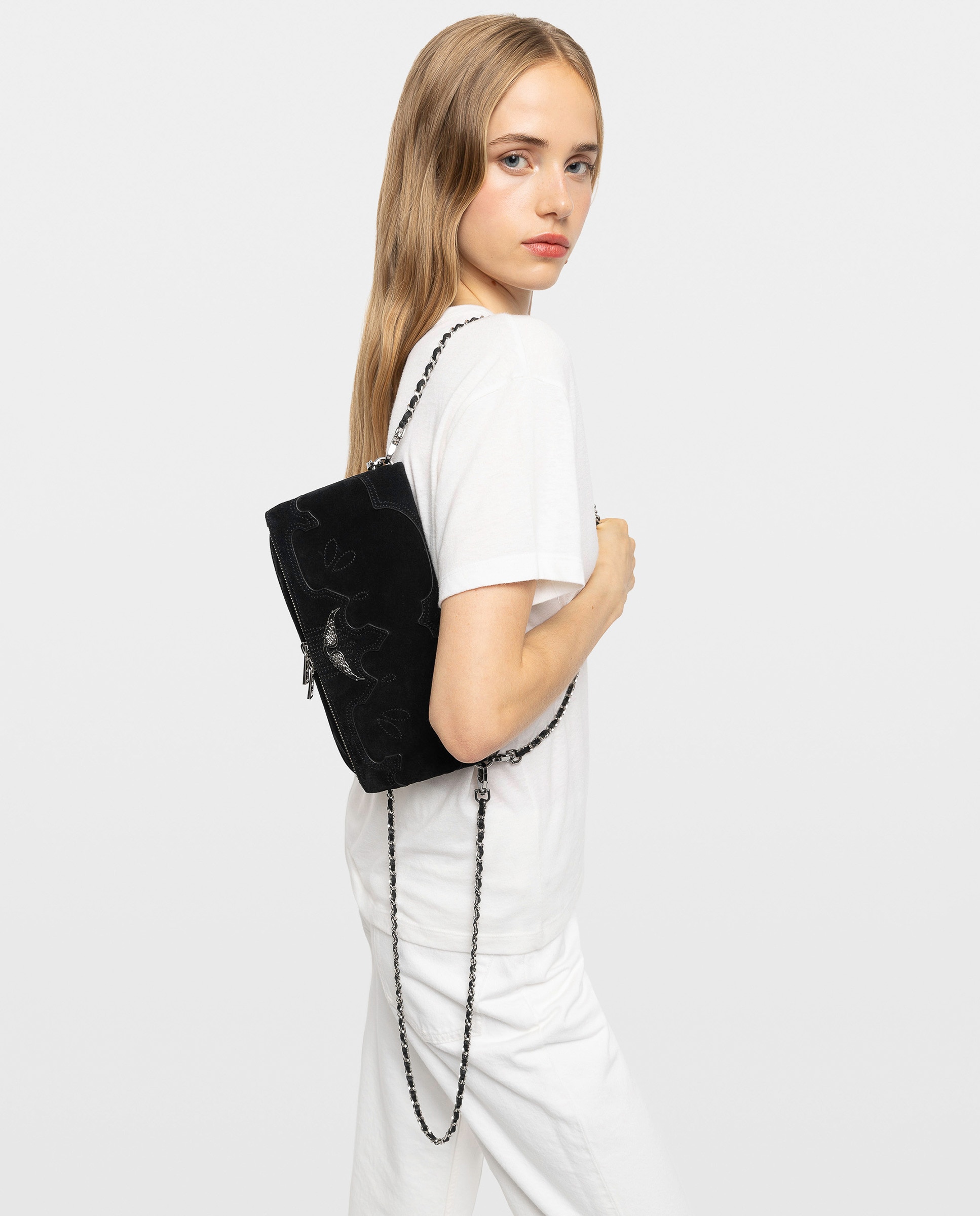 Bolso de mano rock western de ante desgastado con alas strass y doble cadena - Zadig & Voltaire - Negro Negro-2