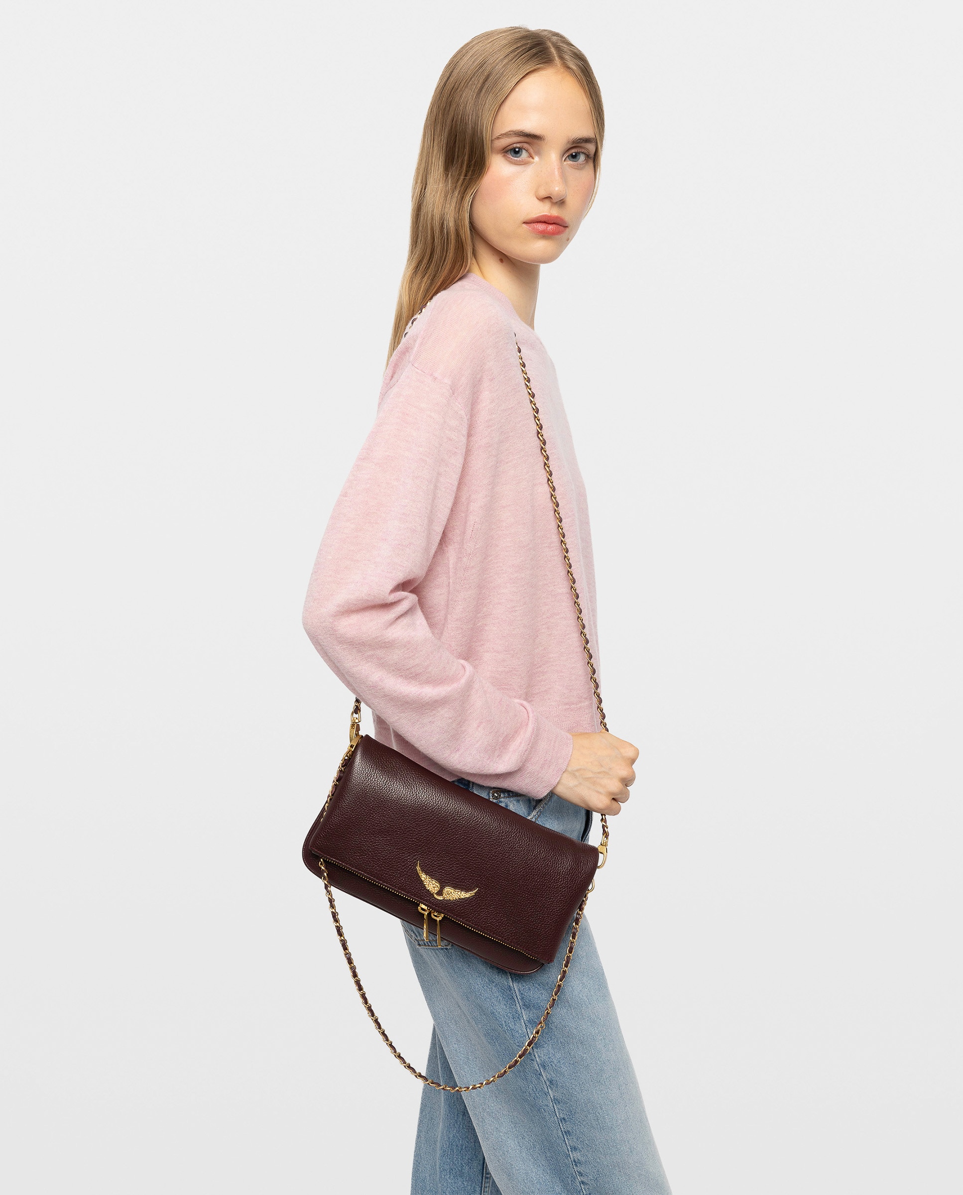 Bolso de mano rock de cuero granulado con doble cadena y strass - Zadig & Voltaire - Morado Morado-3