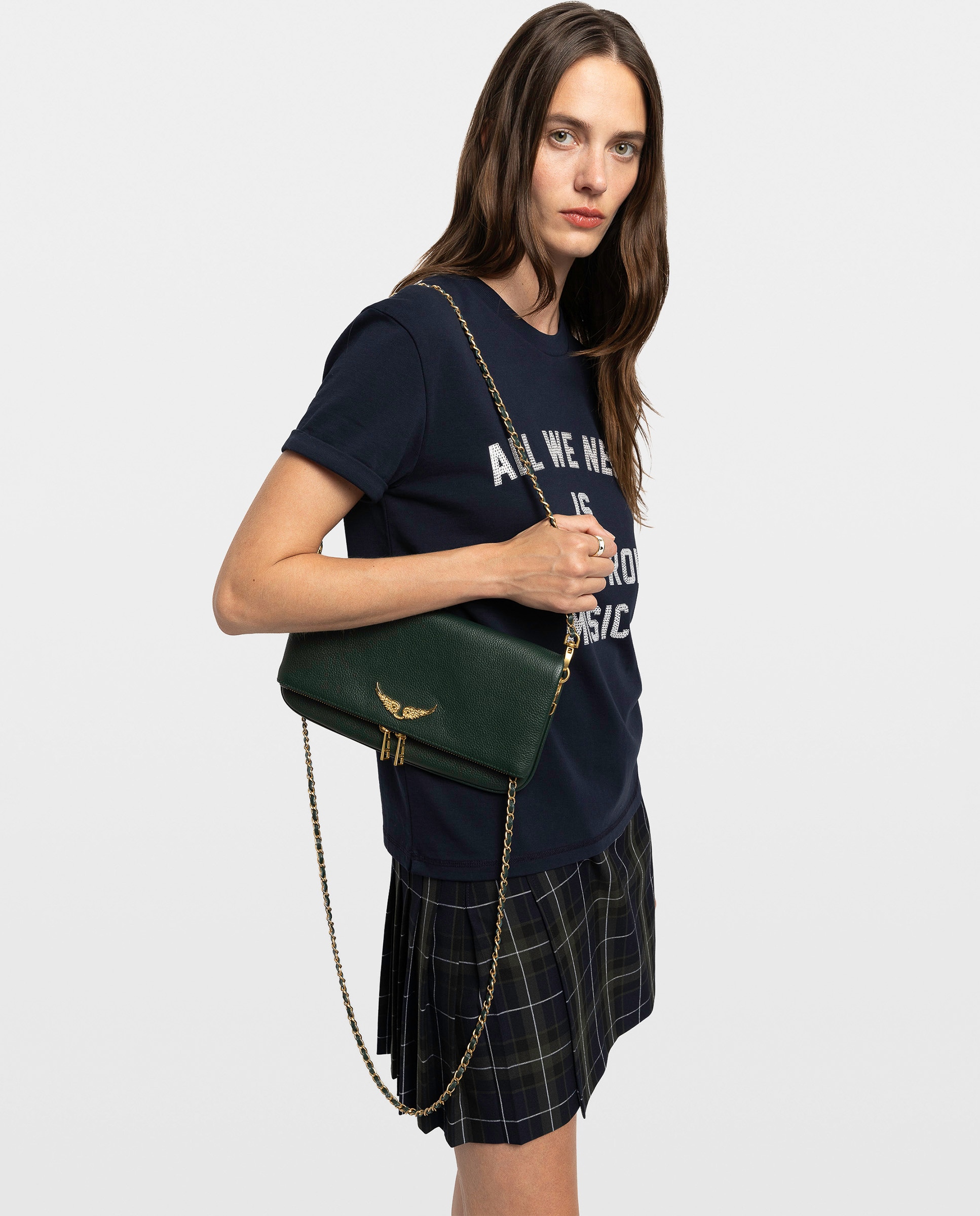 Bolso de mano rock de cuero granulado con doble cadena y strass - Zadig & Voltaire - Verde oscuro Verde oscuro-2