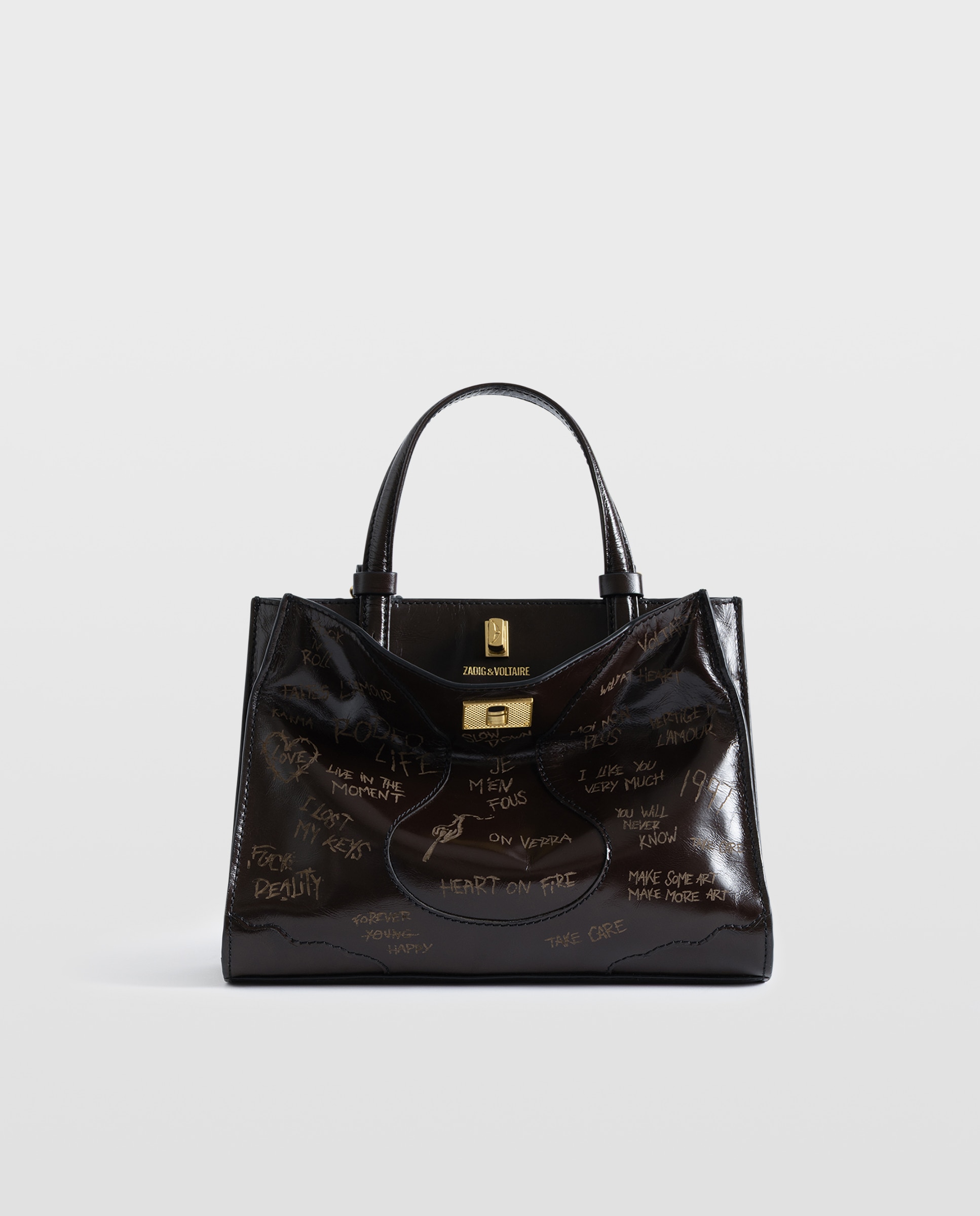 Imagen 0 de Bolso de mano mini de cuero charol vintage con grafiti Marrón oscuro