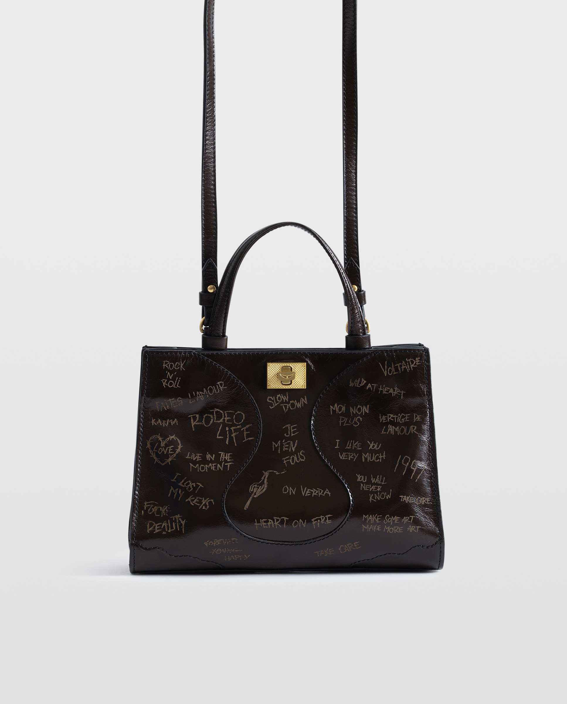 Bolso de mano mini de cuero charol vintage con grafiti - Zadig & Voltaire - Marrón oscuro Marrón oscuro-7