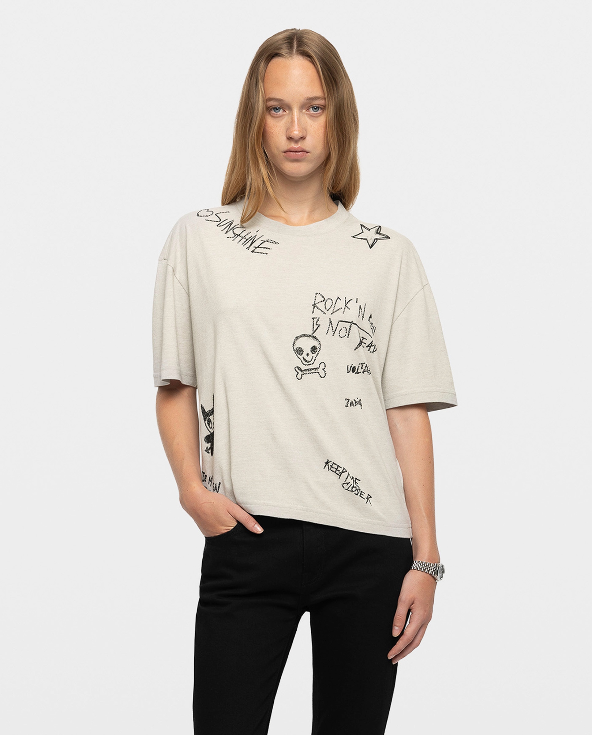 Camiseta de mujer de algodón cuello redondo manga corta con strass - Zadig & Voltaire - Gris claro Gris claro-1