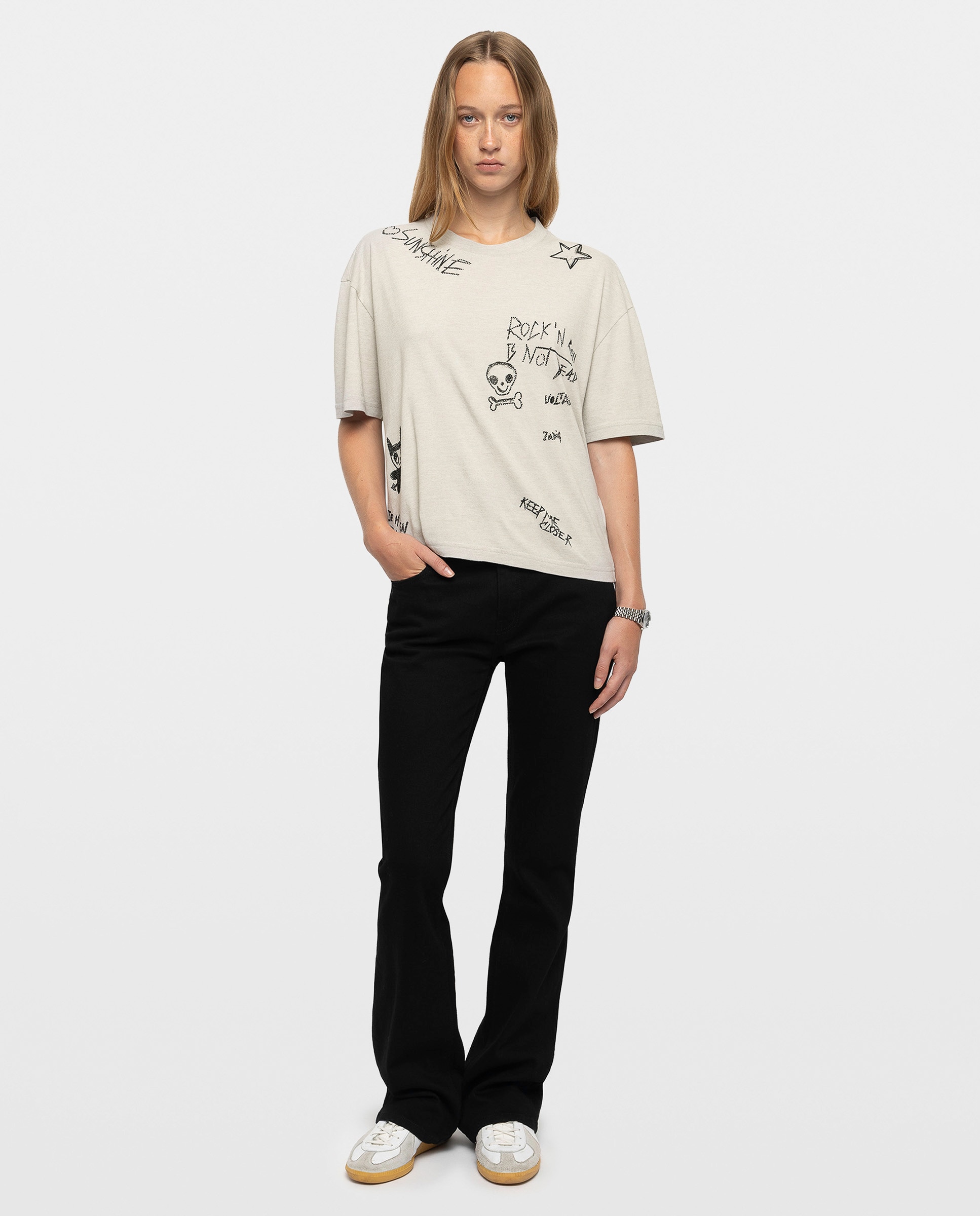 Camiseta de mujer de algodón cuello redondo manga corta con strass - Zadig & Voltaire - Gris claro Gris claro-3