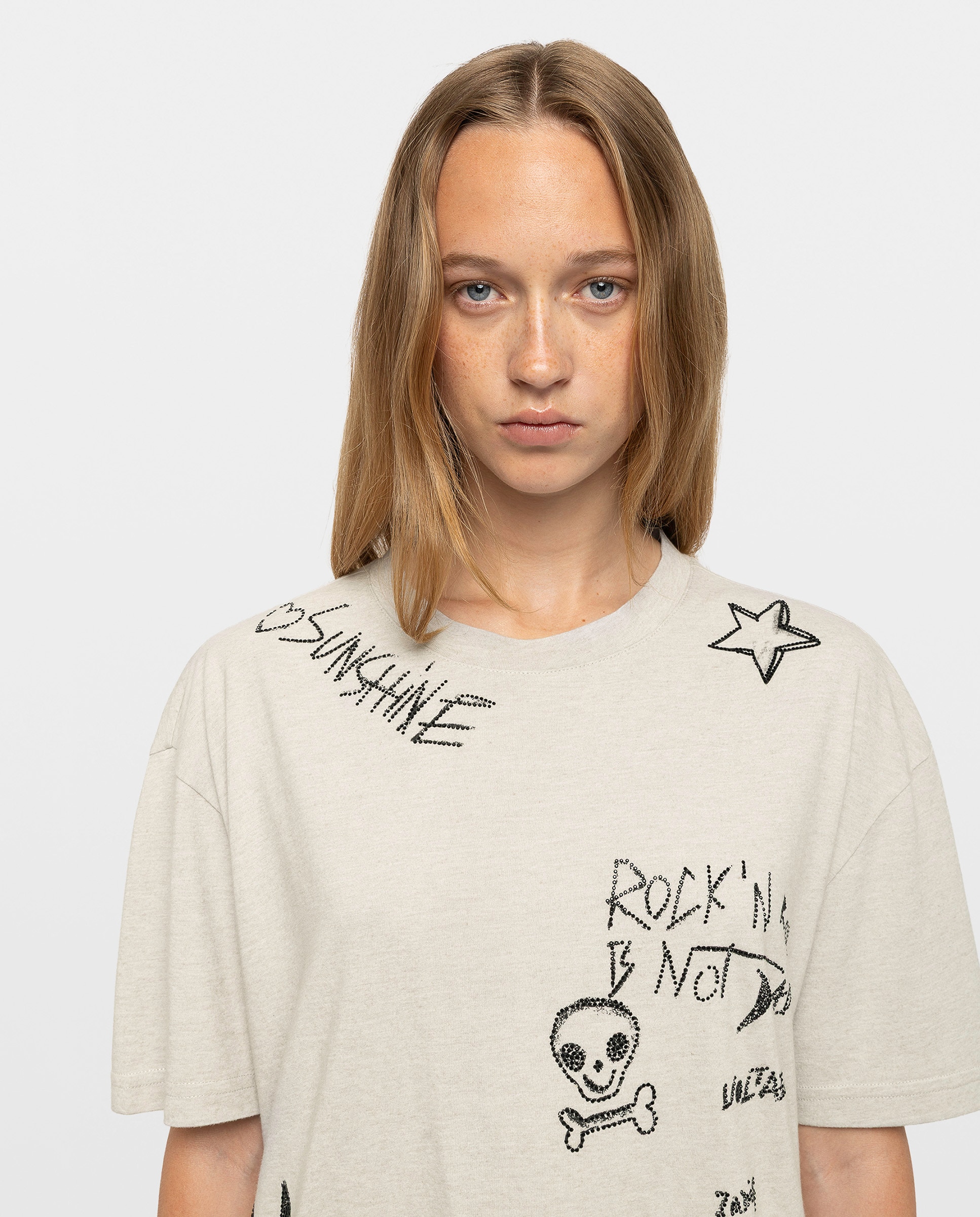 Camiseta de mujer de algodón cuello redondo manga corta con strass - Zadig & Voltaire - Gris claro Gris claro-4