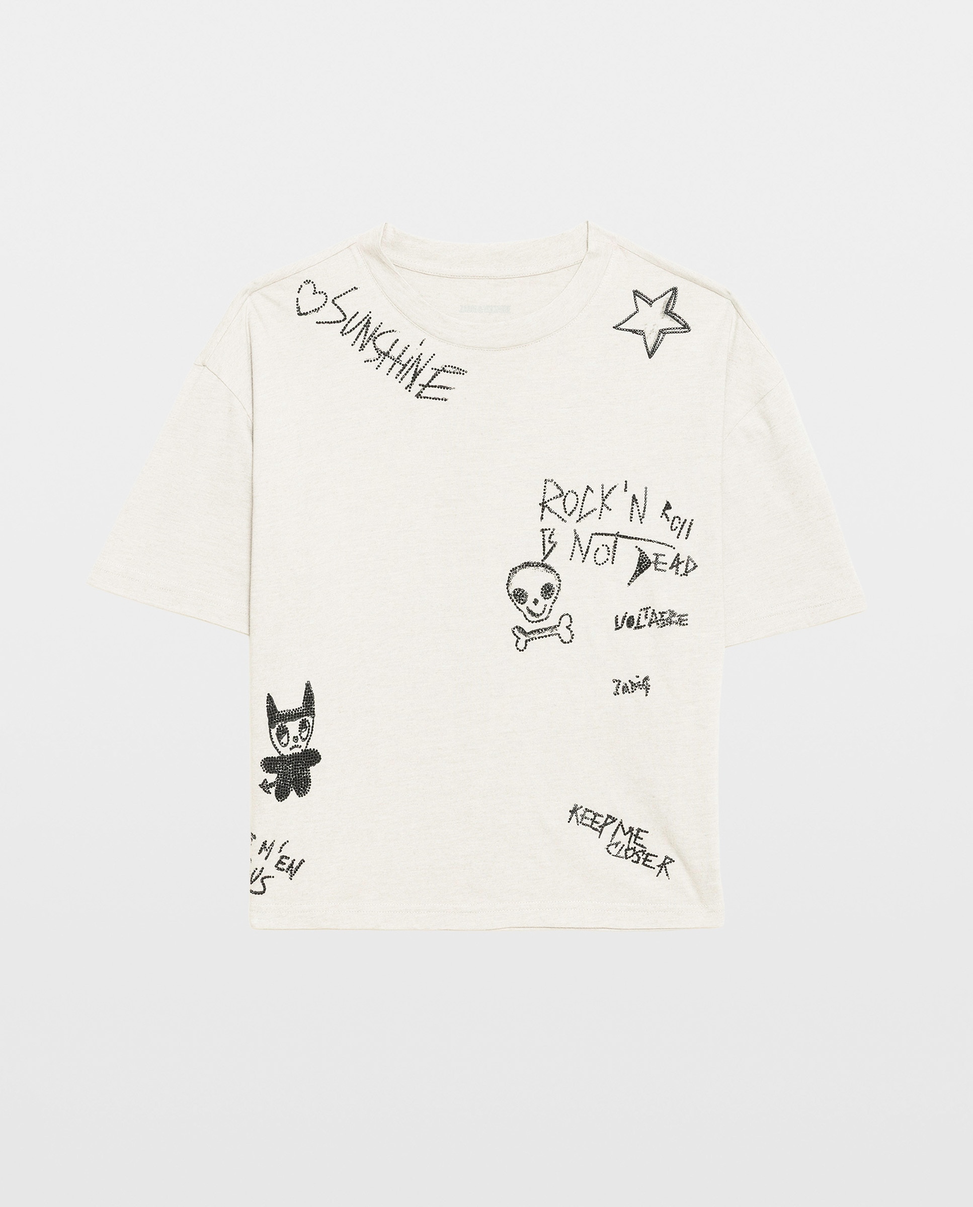 Camiseta de mujer de algodón cuello redondo manga corta con strass - Zadig & Voltaire - Gris claro Gris claro-5