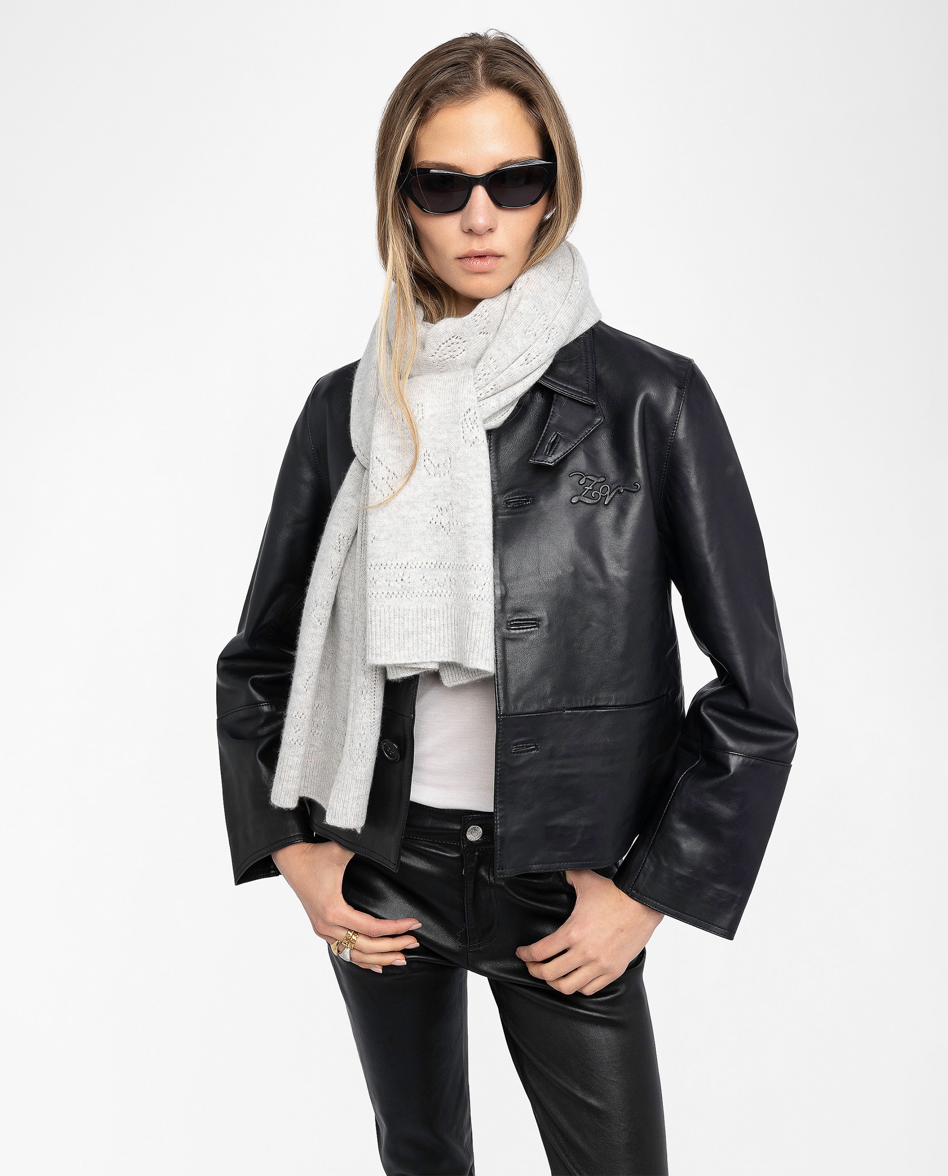 Bufanda de mujer larga de lana y cachemira con pointelle - Zadig & Voltaire - Gris claro Gris claro-2