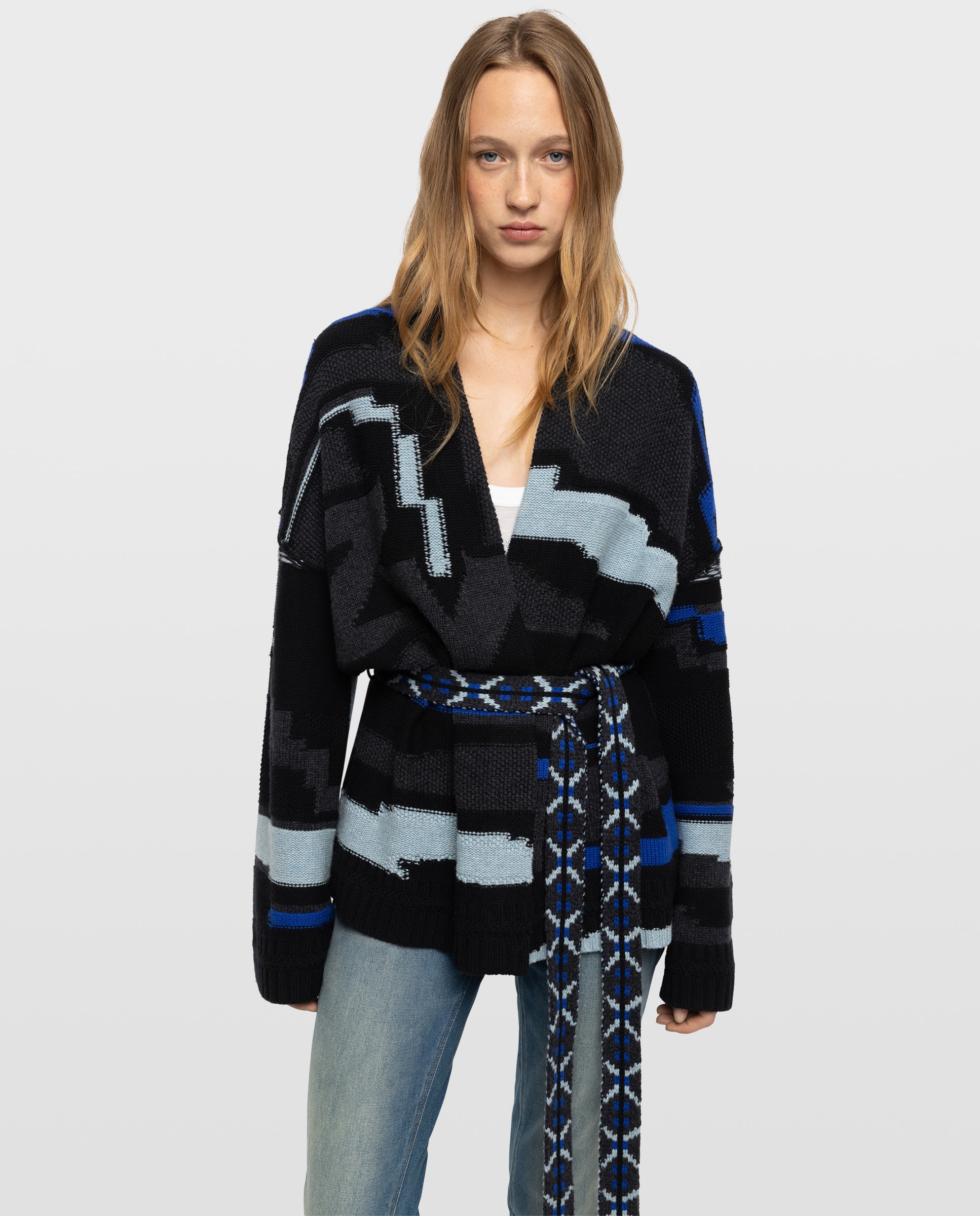Chaqueta de punto de mujer con intarsia asimétrica y cinturón - Zadig & Voltaire - Gris oscuro Gris oscuro-1