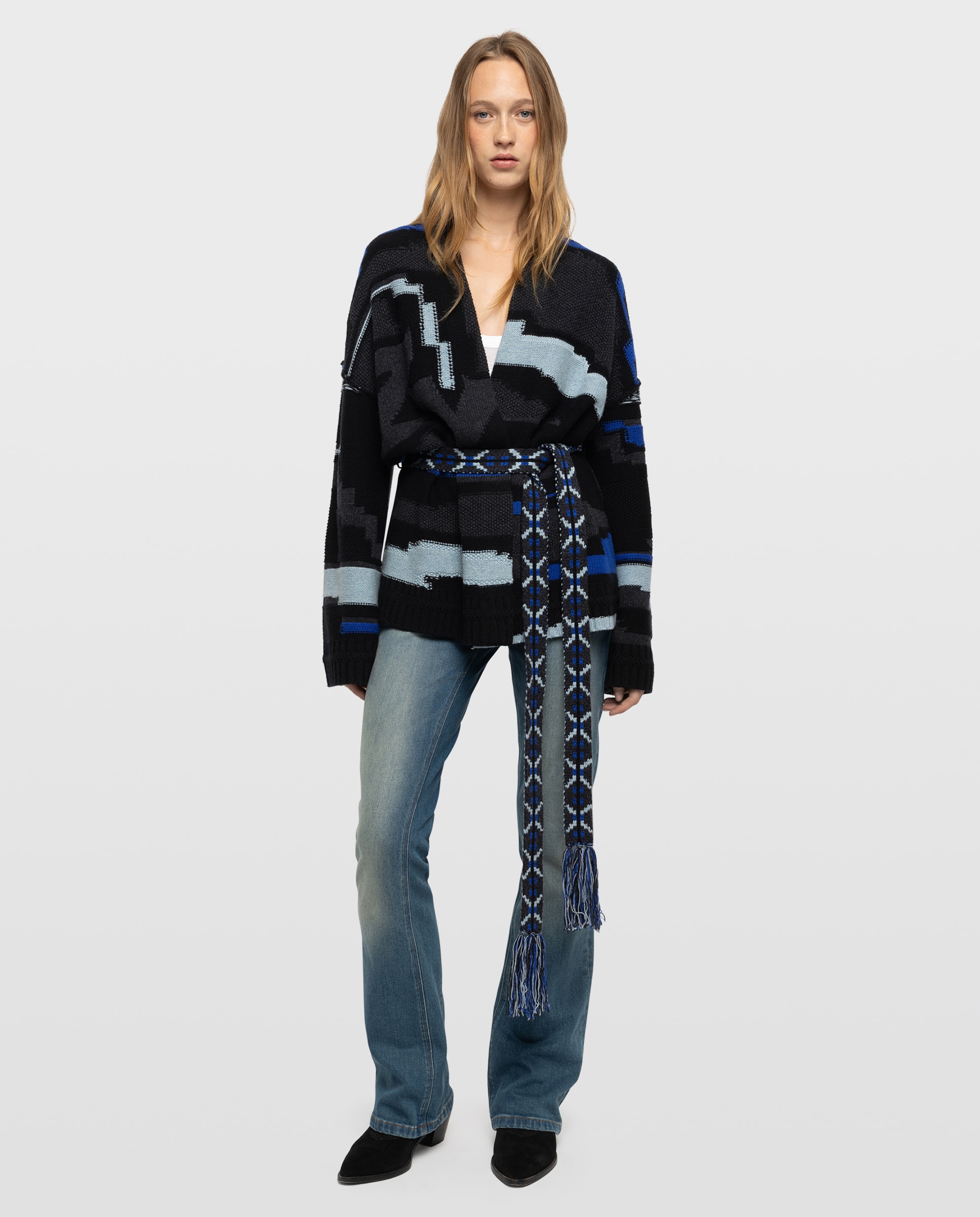 Chaqueta de punto de mujer con intarsia asimétrica y cinturón - Zadig & Voltaire - Gris oscuro Gris oscuro-3