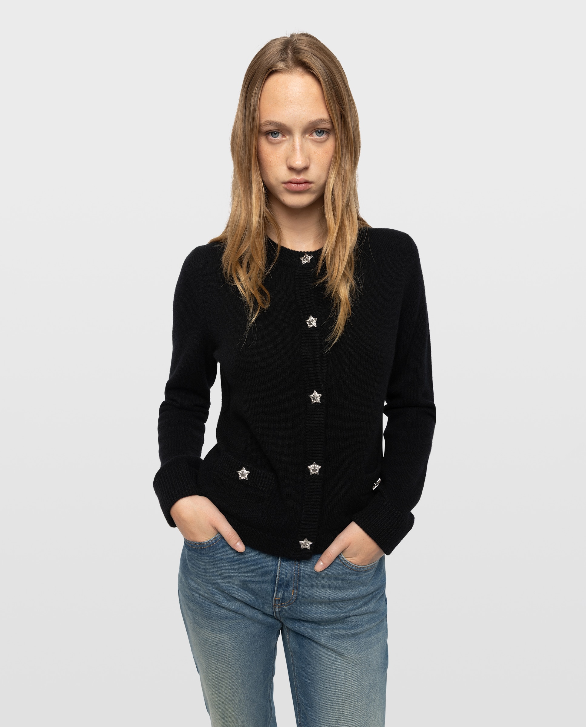 Imagen 1 de Cárdigan de punto de mujer 100% cachemira cuello redondo y mangas largas Negro
