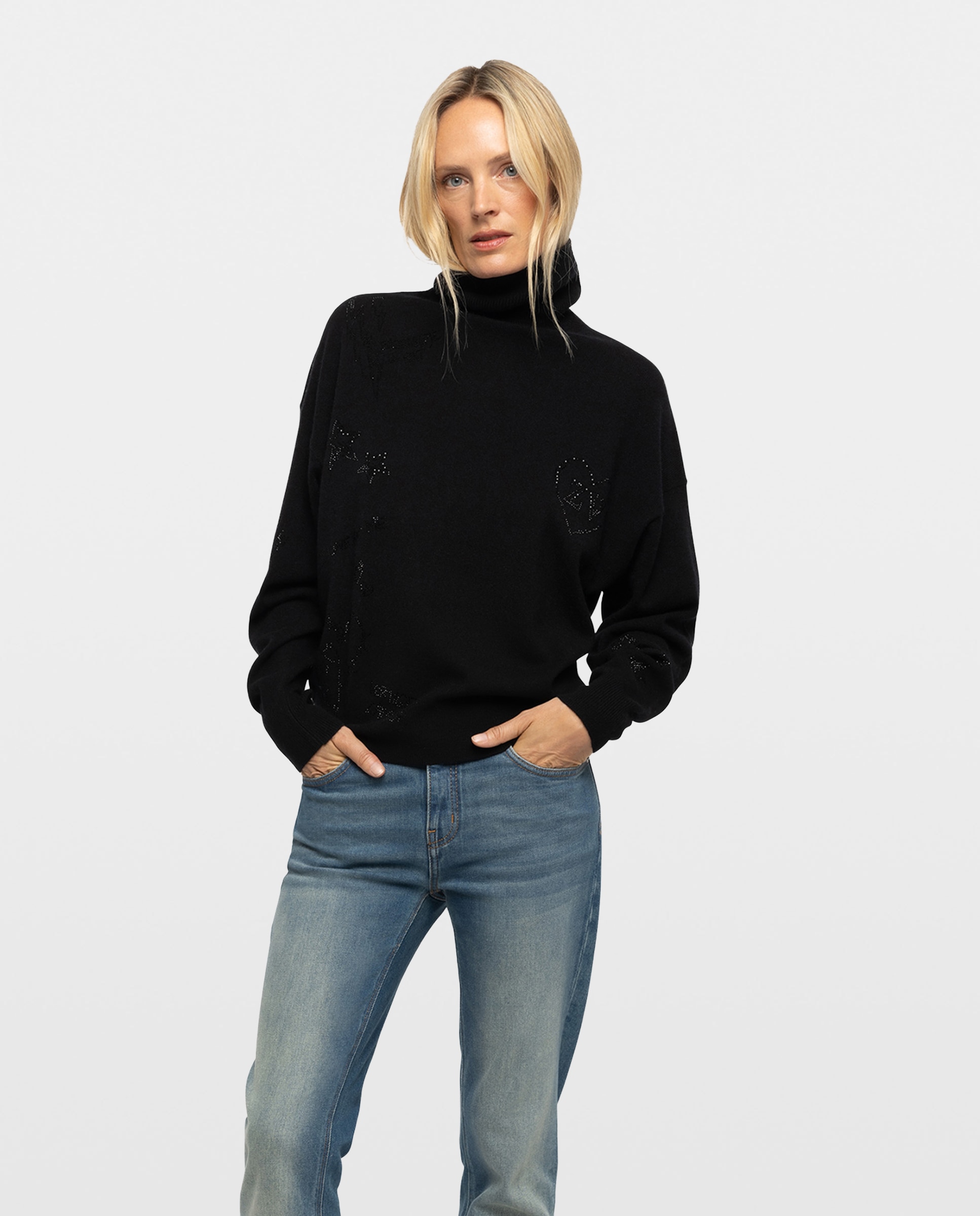 Jersey de mujer 100% cachemira con cuello alto, mangas largas y strass - Zadig & Voltaire - Negro Negro-1