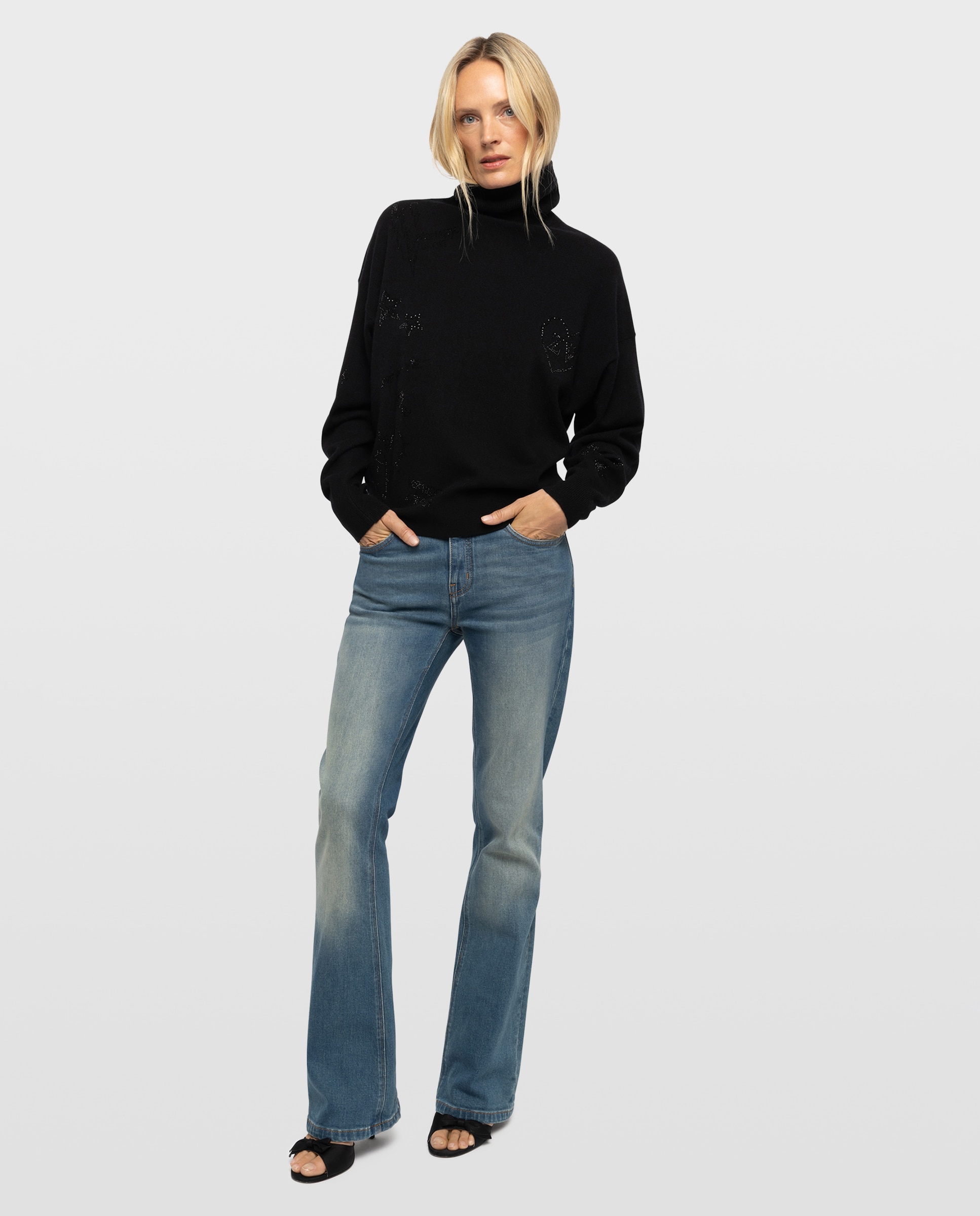 Jersey de mujer 100% cachemira con cuello alto, mangas largas y strass - Zadig & Voltaire - Negro Negro-3