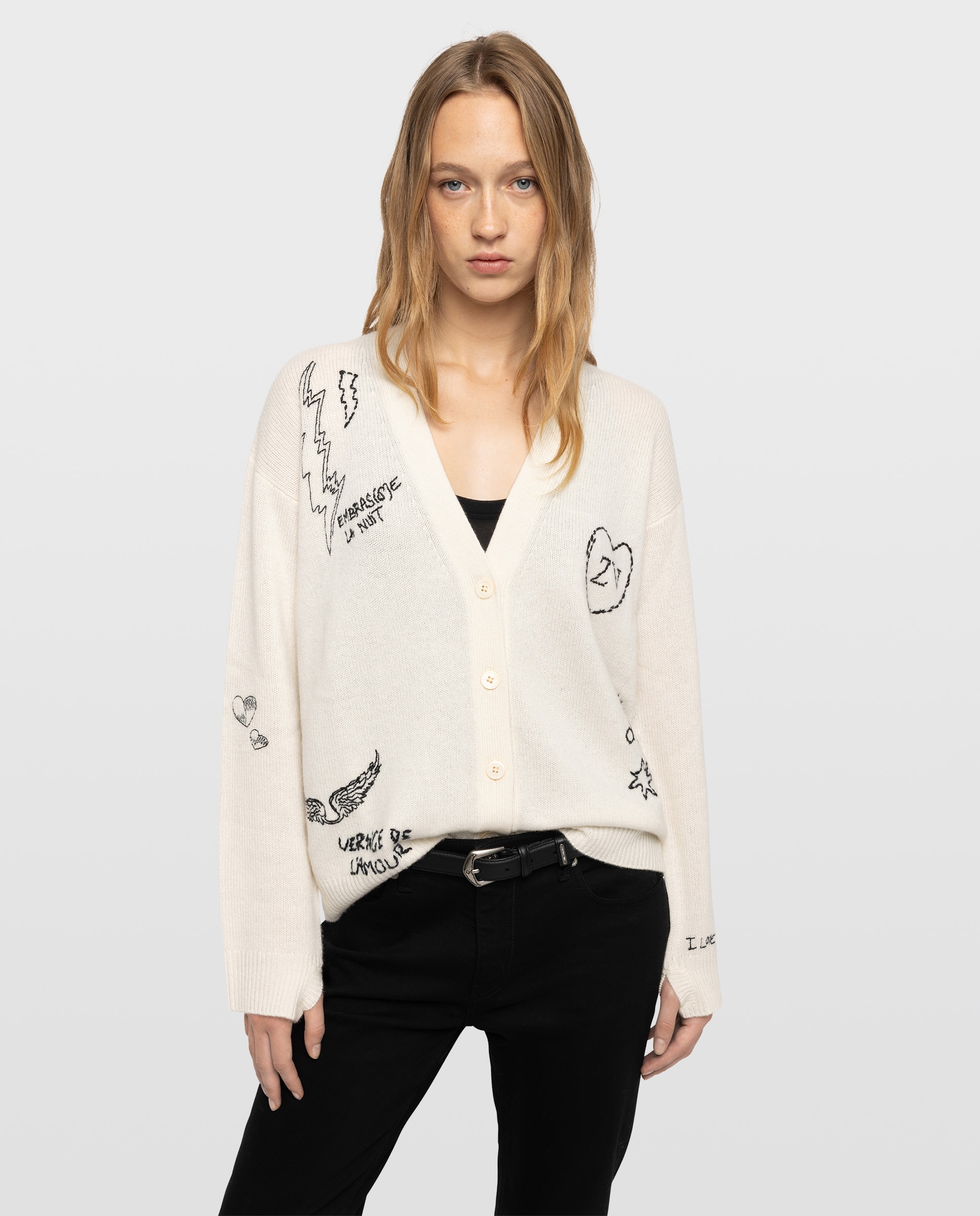 Cárdigan de cuello en v de mujer 100% cachemira de manga larga - Zadig & Voltaire - Blanco Blanco-1