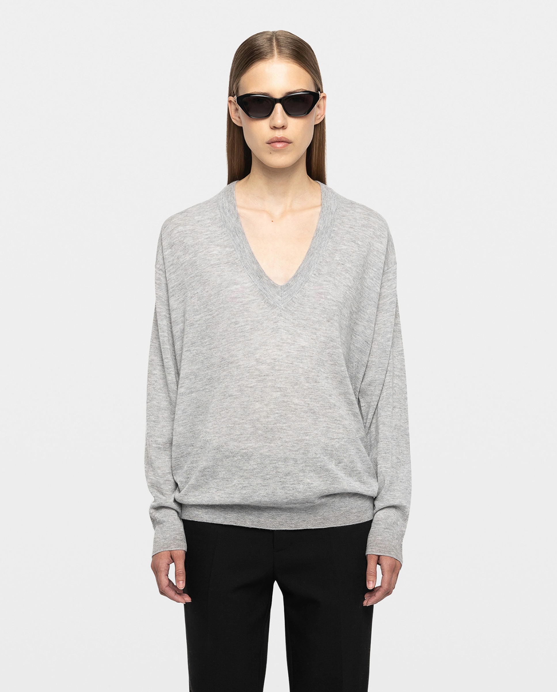 Jersey de mujer 100% cachemira con cuello en v y manga larga oversize - Zadig & Voltaire - Gris claro Gris claro-1