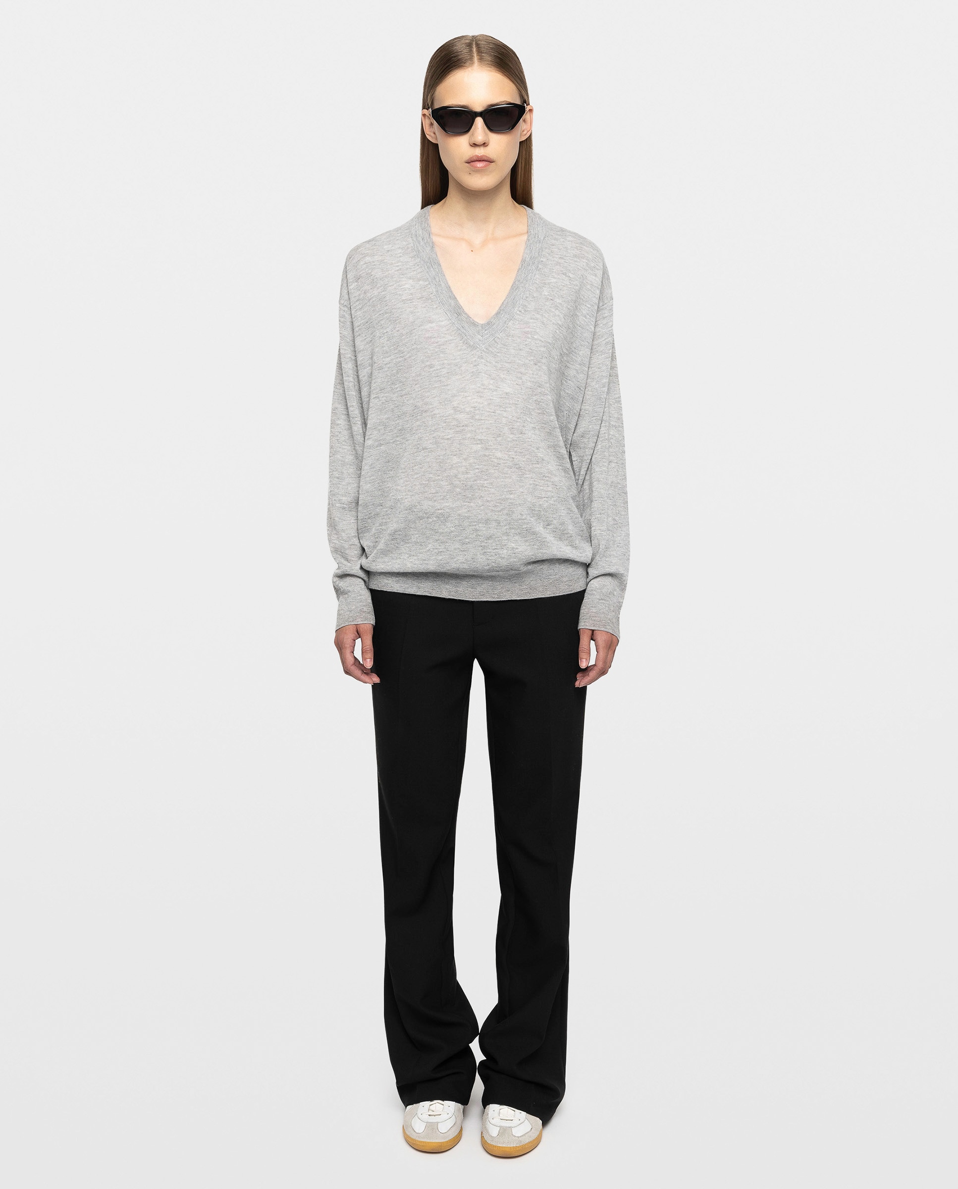 Jersey de mujer 100% cachemira con cuello en v y manga larga oversize - Zadig & Voltaire - Gris claro Gris claro-3