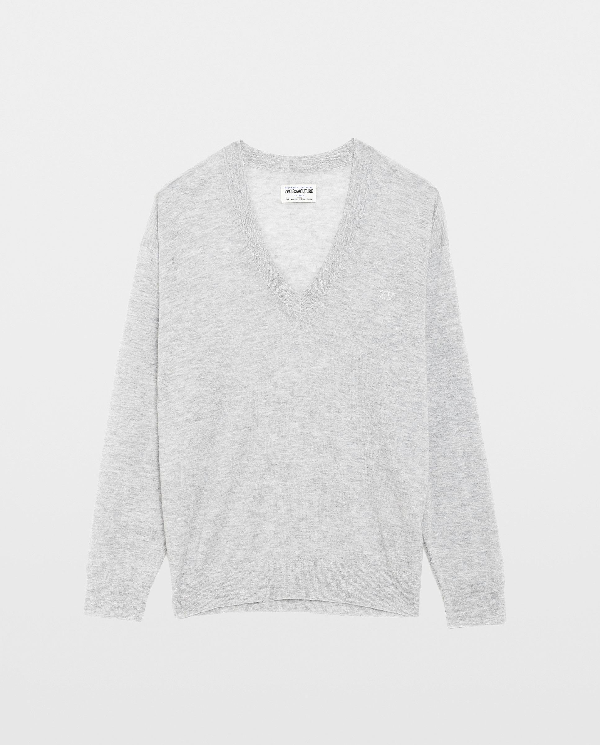 Jersey de mujer 100% cachemira con cuello en v y manga larga oversize - Zadig & Voltaire - Gris claro Gris claro-5