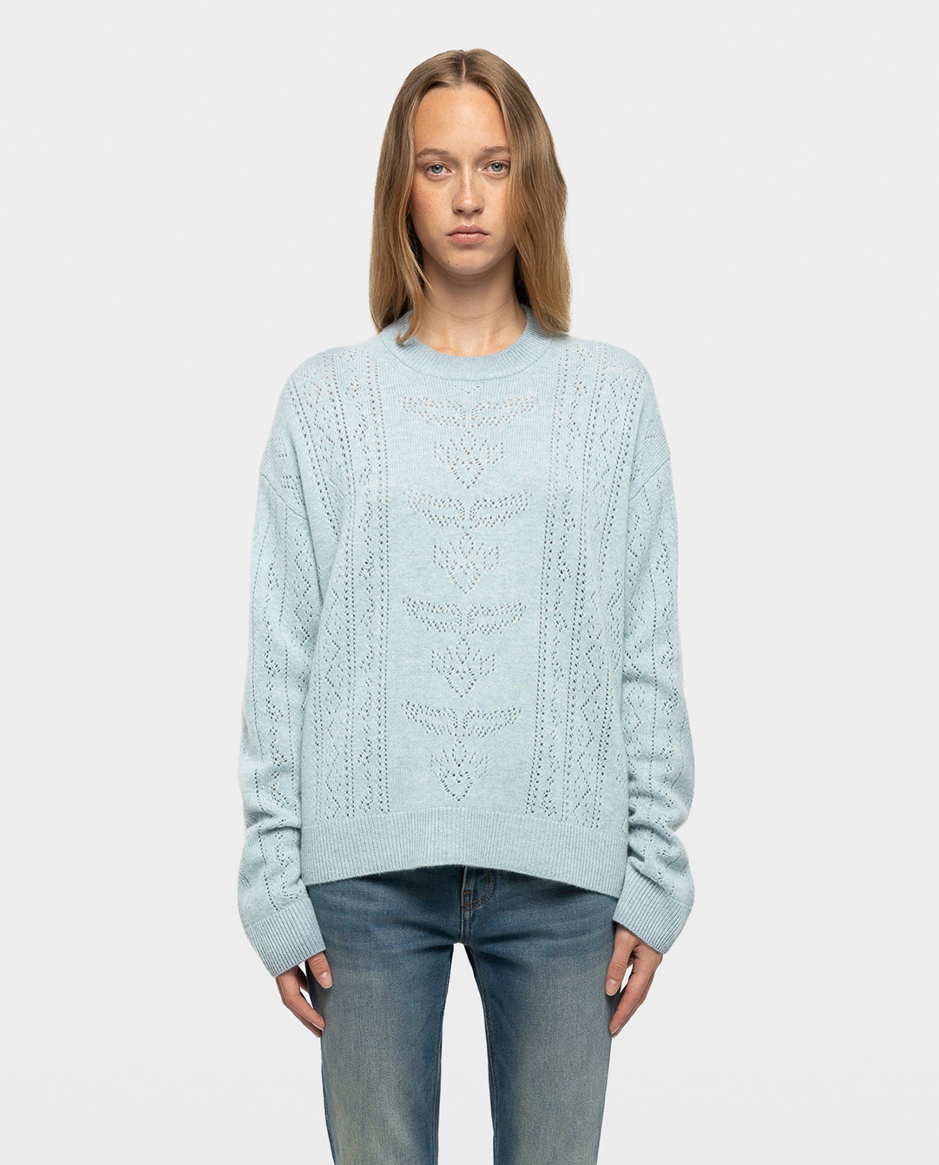 Jersey de mujer con cuello redondo, manga larga y motivo pointelle - Zadig & Voltaire - Azul claro Azul claro-1