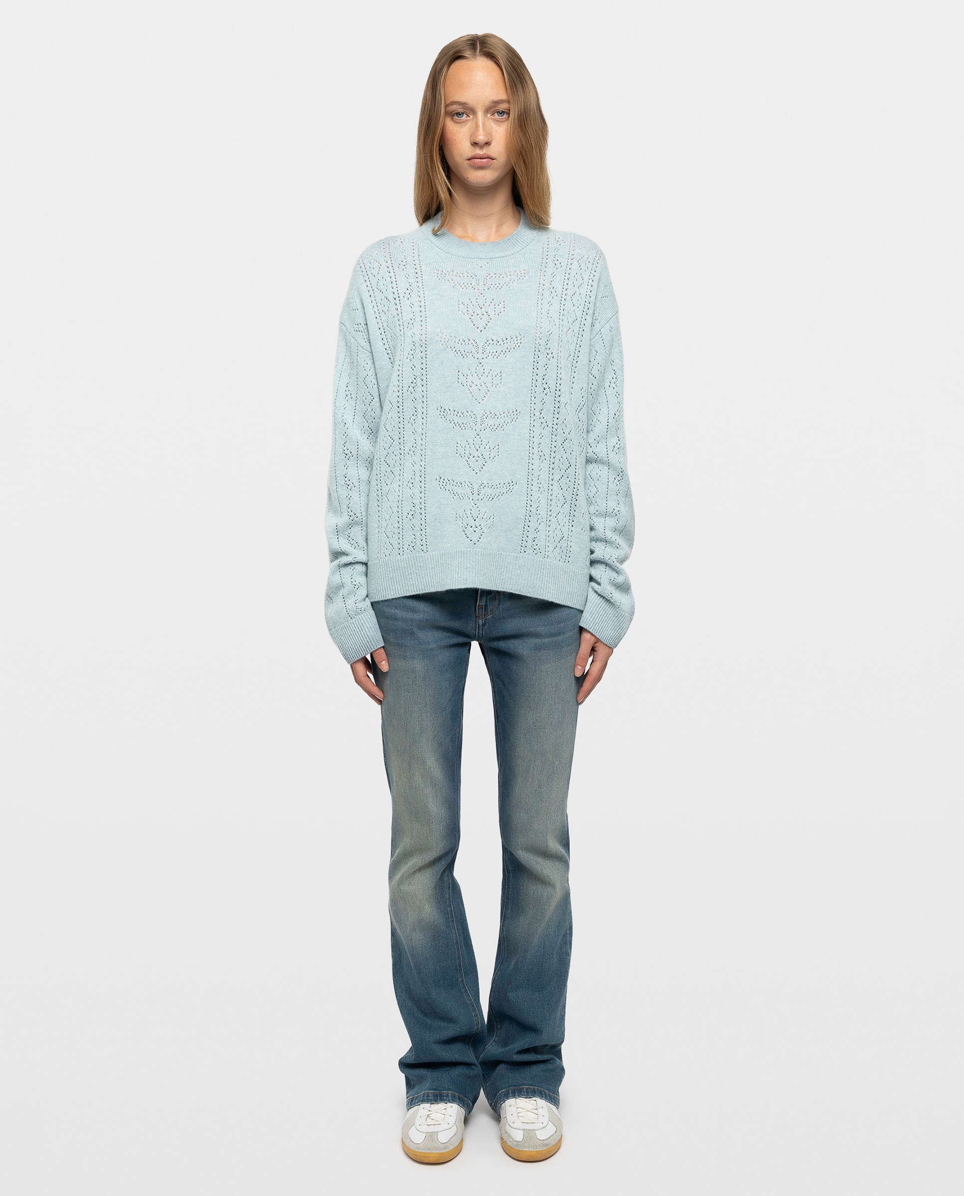 Jersey de mujer con cuello redondo, manga larga y motivo pointelle - Zadig & Voltaire - Azul claro Azul claro-4