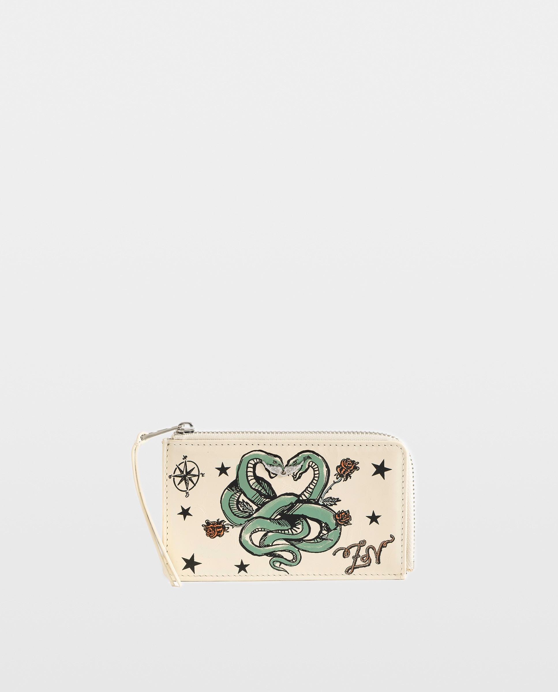 Tarjetero femenino de cuero charolado con tags y firma de alas - Zadig & Voltaire - Blanco Blanco-1