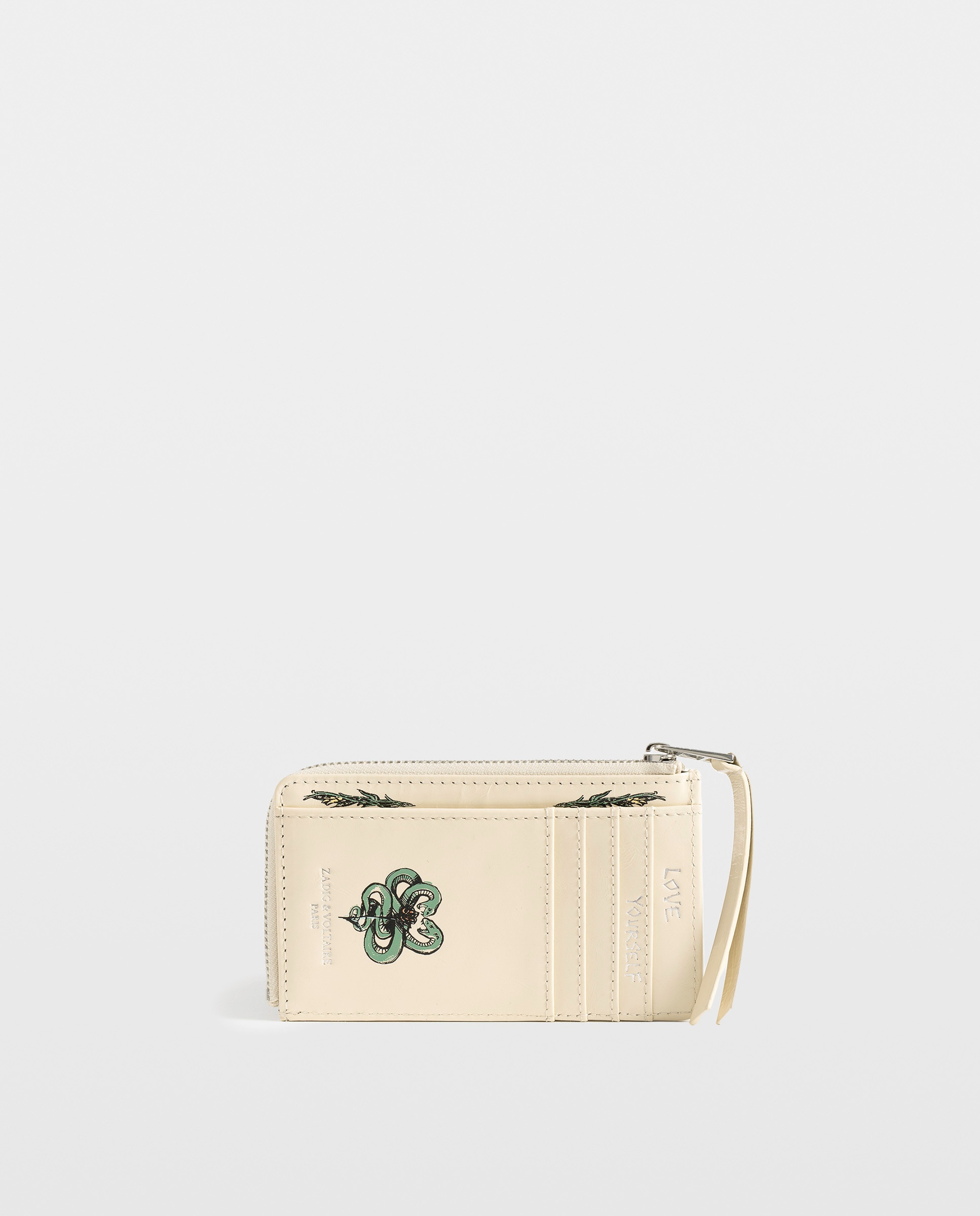 Tarjetero femenino de cuero charolado con tags y firma de alas - Zadig & Voltaire - Blanco Blanco-3