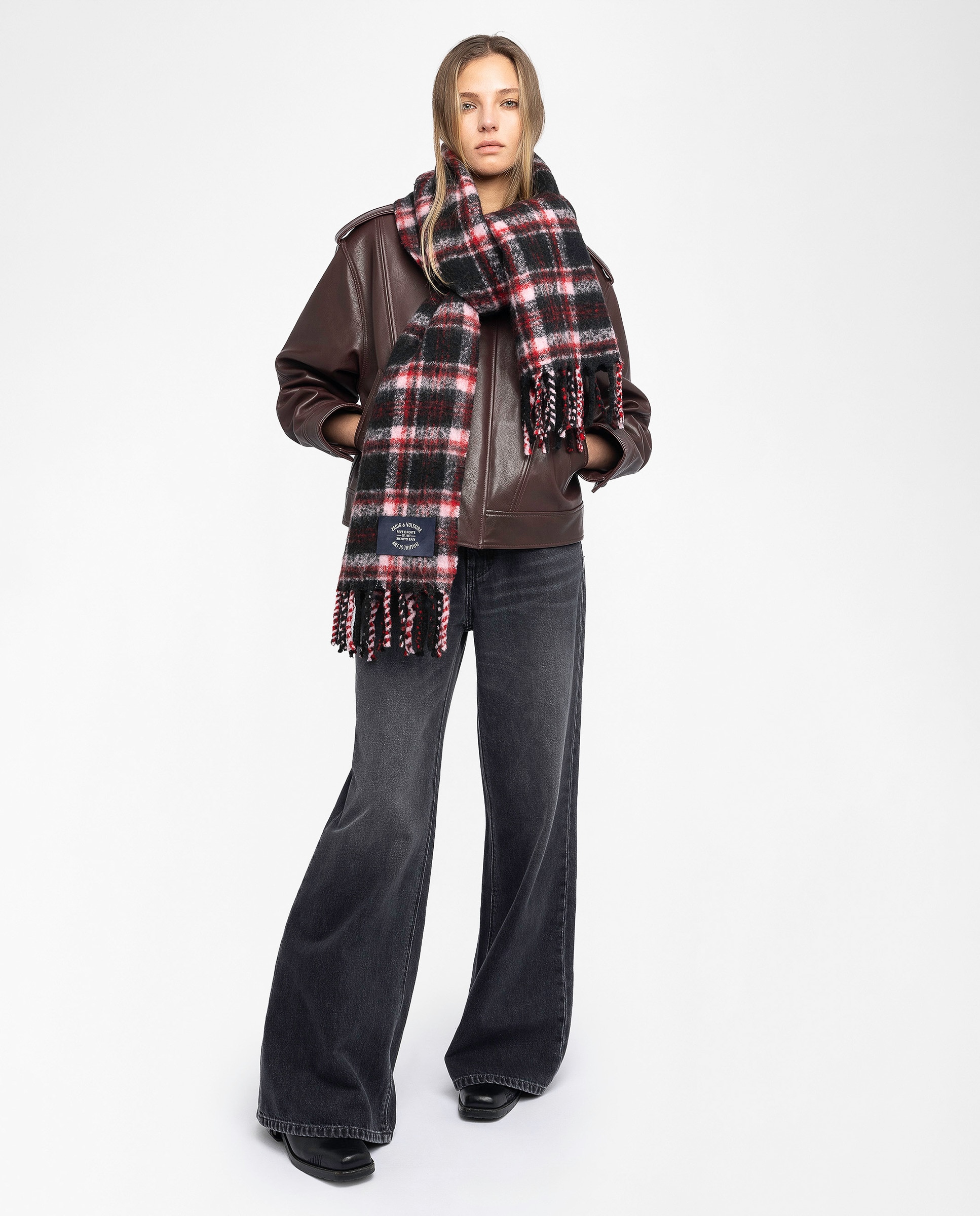 Bufanda de mujer de lana oversized de tartán con flecos - Zadig & Voltaire - Gris Gris-2
