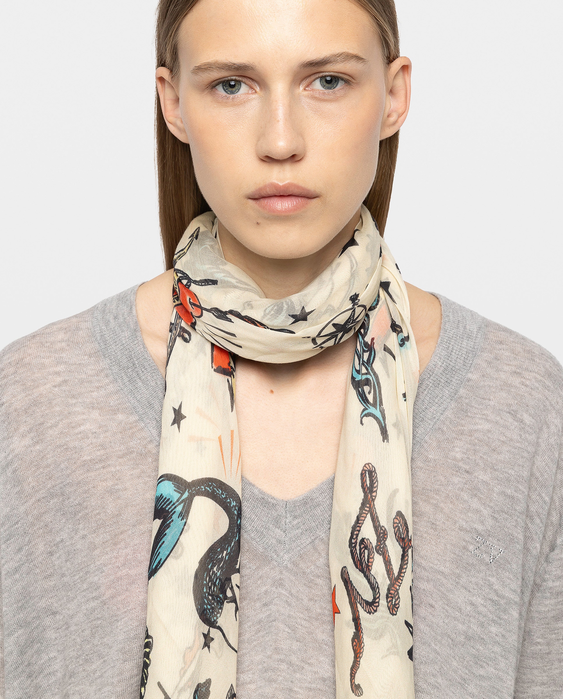 Pañuelo con estampado tattoo en modal para mujer - Zadig & Voltaire - Blanco Blanco-2