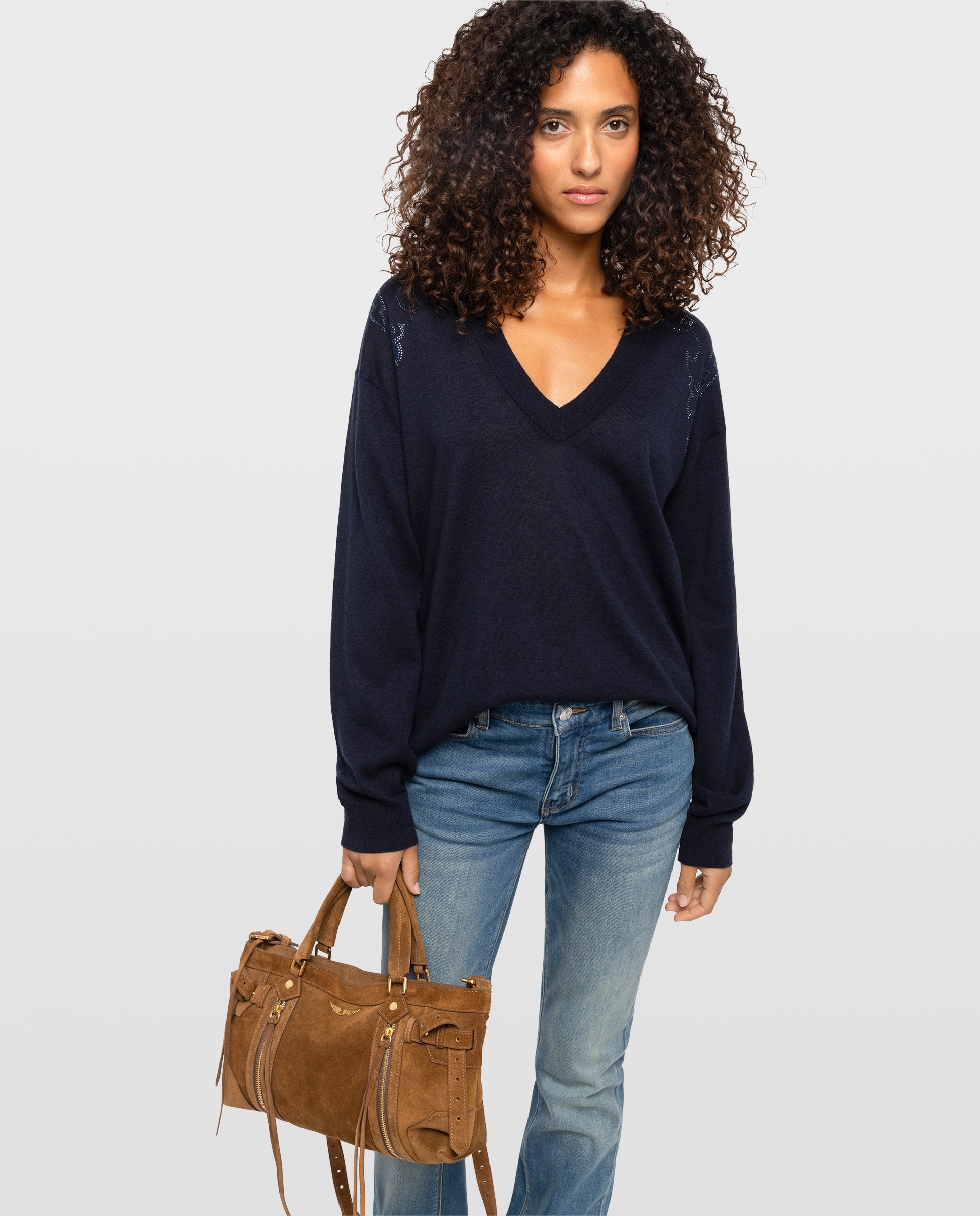 Imagen 1 de Jersey de mujer 100% cachemira de cuello en v de manga larga oversize con strass Azul marino