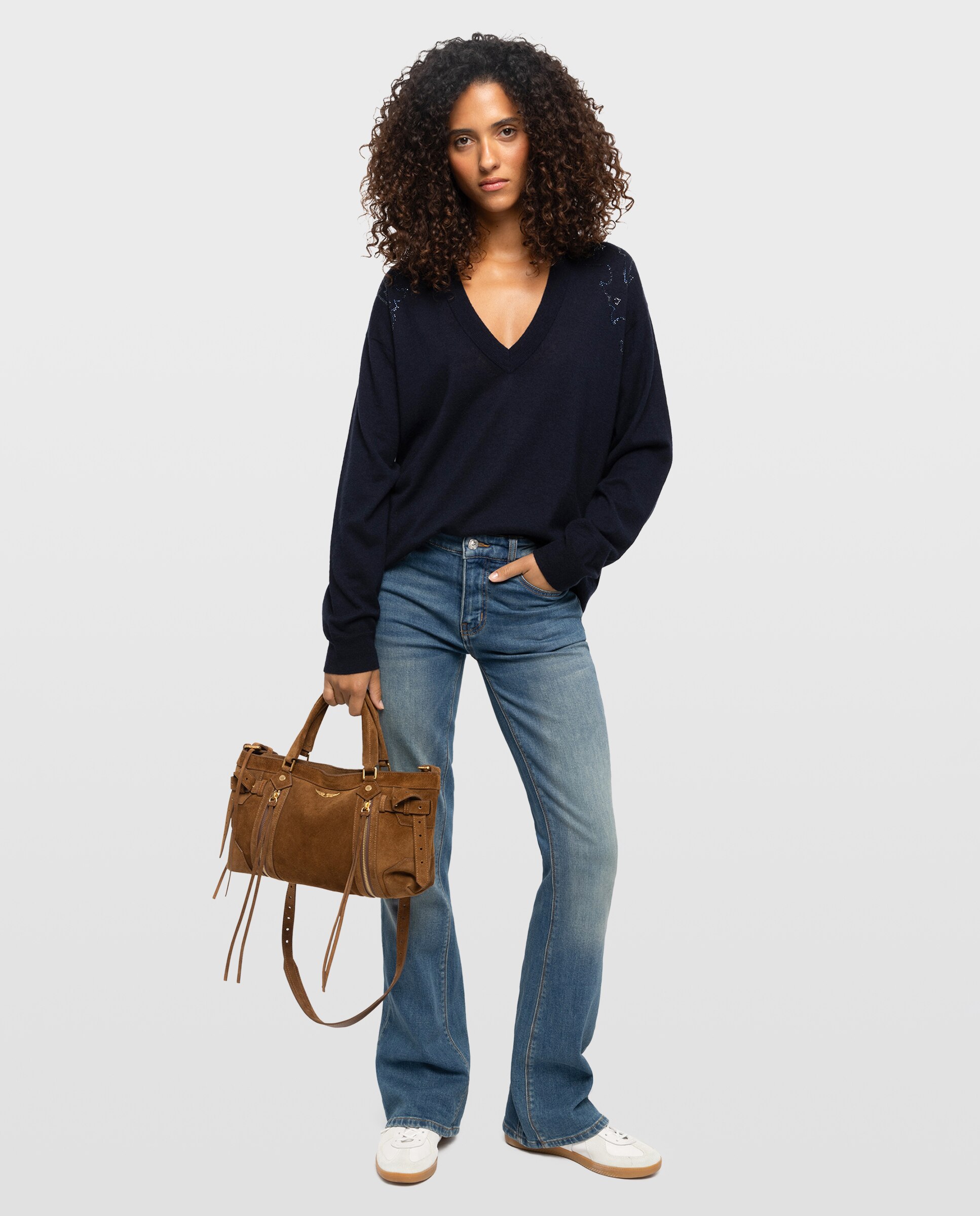 Imagen 3 de Jersey de mujer 100% cachemira de cuello en v de manga larga oversize con strass - Zadig & Voltaire - Azul marino Azul marino